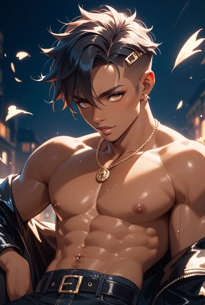1boy, Beautiful boy, Body Length 180, 20 years old, (black short hair, Street hairstyle) , ((red eyes)), realistic eyes, beautiful and sharp eyes), Men's Clothing, Simple keel, muscles, (8k wallpaper), (street background) 8k, Quilty Altitude, Realistic, Beautiful realism, outstanding detail, RAW photo, Realistic clothes, Black hair, realistic hair, realistic eyes, Light and cool lighting, realistic photo, Cel shaded, Gel lighting, ultra-detail, anime style, hot anime boy, hot pose, beautiful anime boy with muscles, shirt off, sexy pose, cute hot smile, pretty smile 