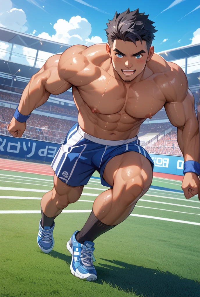 Robust champion man, torso exposed, legs bare from thighs to feet flowing long curls, meticulous muscle definition, lifelike representation, 4K resolution. Background: Stadium filled with cheering spectators,32k uhd, best quality, masterpiece, super detail, high details