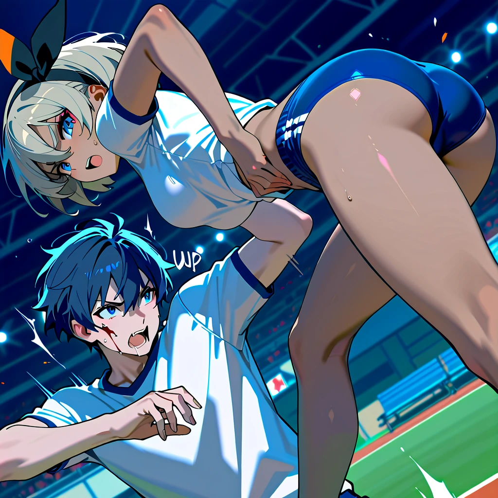 (Very delicate and beautiful:1.2)super model,,Big Breasts,Beautiful breasts,voluptuous,【bike shorts】,,【2girls】,,Highest quality, High resolution, 8K,Tennis Wear,mini skirt,Two girls high-kicking a man