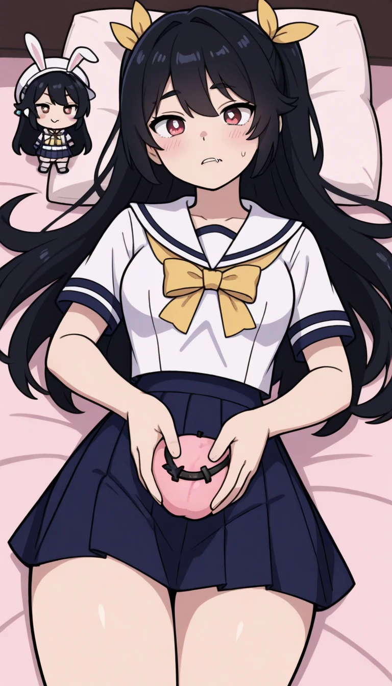 score_9, score_8_up, score_7_up, source_アニメ, masterpiece, 1girl, (work), blue dress, white sailor collar, red bowtie, white long sleeves, Full Body, Primary school students、View your viewers, indoor, Open your mouth, Black Hair、Shiny Hair, work, Highest quality、skirt open、Long wide skirt、White panties、cute、blush、Watery eye、Sex、Creampie、Lying down、Drooling pulls a thread、(Semen overflowing)、Cum String、(A lot of semen)、Penis insertion、Wet、Anime H、Anime Images, Violent Rape、Trembling、(One man), Browsing Caution, Insert the big penis、(uterus at viewer penis inserted into pussy from cross section looking through)