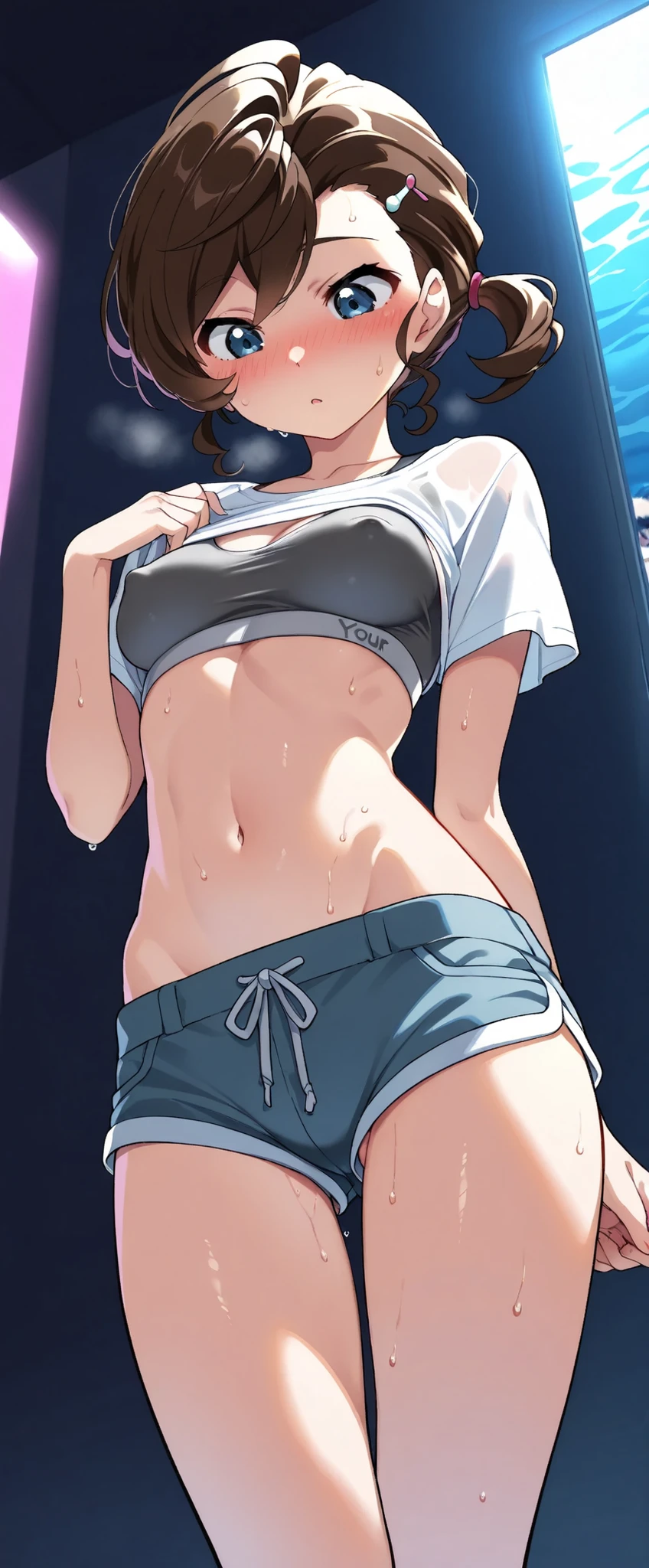 (((masterpiece)))、((top quality))、(Super Detailed)、(CG illustration)、(Very Beautiful Women))、slightly larger chest,Blush,TV face,(((standing figure,look down))),((Sandy Beach,sea)) cinematic light 、((1 woman))、(( short t-shirt,sports bra,jean micro shorts,Panchira), cowgirl position with sweaty ,,covered nipples,skinny,summer.sunshine, ((Take off your T-shirt,)) ,Inuyama Mana .((angle from directly below))((in the vagina can be seen through the gap between the shorts))