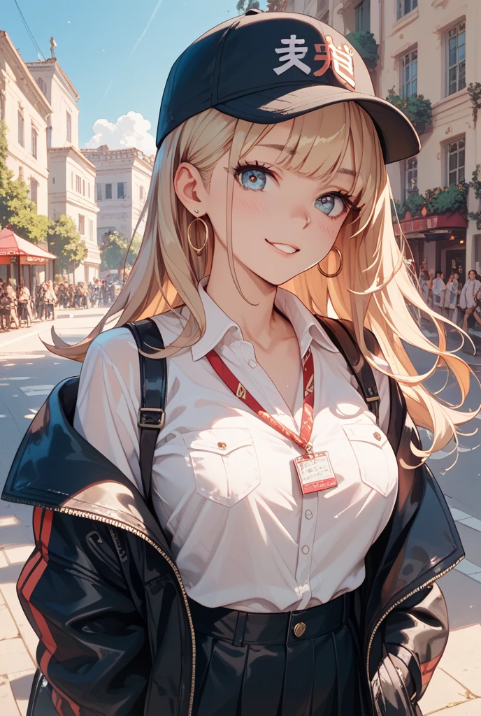 最high quality、best image quality、masterpiece、teenage girl((20-year-old、 By becoming、vest bust、medium bust,wide open breast tea、black eye, blonde hair、long hair、thin,highest valley、blue shorts、Black Short Sleeve Jacket、walk、white shirt,chest、Eyeshadow Makeup、I have a carry bag、greeting、pointing、smile、leaning forward)),high quality、beautiful art、background((In the airport))、debris flies、Depth of written boundary、movie、visual art、perfect art、8K,genuine