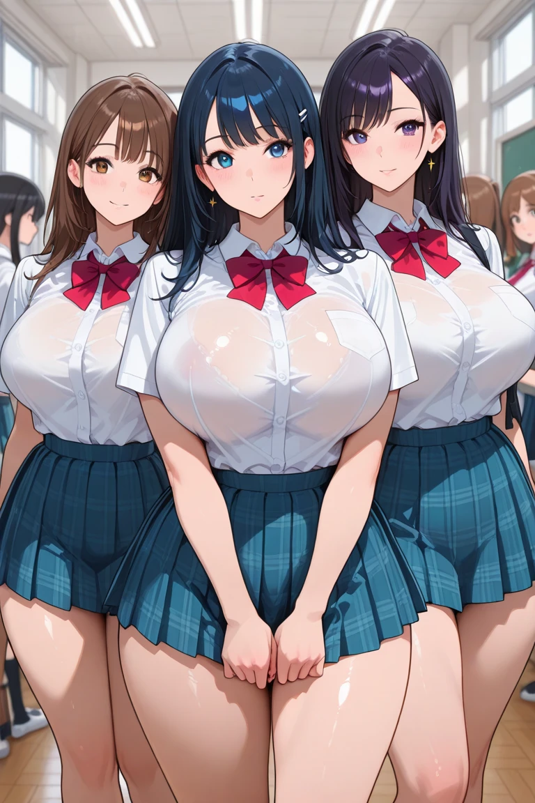 perfect face, detailed face, beautiful hair, three girls, , medium sized breasts, firm chest, very cute face, young face, female idol, nude, school uniform, seifuku, Perfect Hip, round hips, (exposing white panties from under the skirt:1.2), smile shyly, (blush:1.2), stare at the viewer with a seductive gaze, (in crowded classroom:1.1),