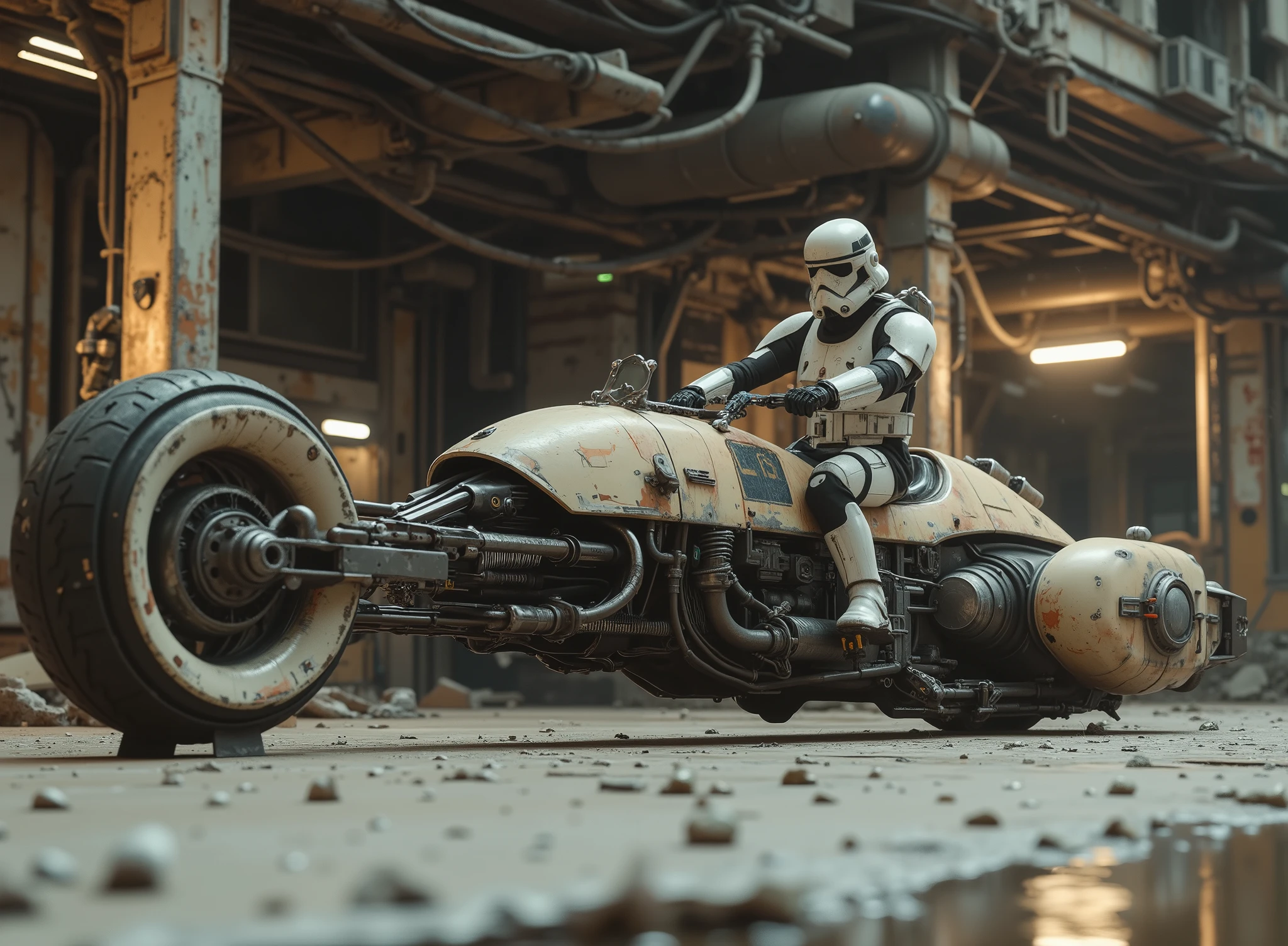 cinematographic photograph using the rule of thirds and composition on planes Photo a 3/4 full body shot counterposed at ground level,  soft light, unmarked contrasts, a retro-futuristic flying motorcycle (Speeder bike) Flying ( bike) inspired by motorcycles with low frame and huge engine in the front like the "Indian gorilla" and narrow in the back inspired by the Akira motorcycle of the future, Flying sin ruedas o usando orugas de tanque,de estética diesel punk partes oscuras y negras con mucho oxido motor expuesto al frente y battle damage y partes destruidas, some red lines, vehicles with the large engine exposed to the front of the vehicle You can see the exposed mechanism composed of pistons , hoses, chains y motores con algunas luces, the exposed handlebars and turbines, at high speed in a chase next to several more. In the background of a desolate and flooded apocalyptic planet, reflections in the water, at night, gloomy atmosphere,  battle damage.  in the style of Ashley Wood a high level of Racrufi style . Reference https ://.It/9nywtVBQD La piloto una hermosa desnuda y muy sexy mujer joven rasgos de mexicana de incomparable belleza latina actItud desafiante ennpose inclinada a alta velocidad, top model, tattooed, Storm Trooper by Starwar, Elegant and Gothic Stormtrooper , fit ((chains)) dress made of chains, emerald eyes, penetrating look , Punk chain  ,  punk belt , Full body shot, torn screen , cuero y encaje rasgados y rotos con chains Picos y Muchas joyas de plata de huesos de plata,holding a blaster or a lightsabre