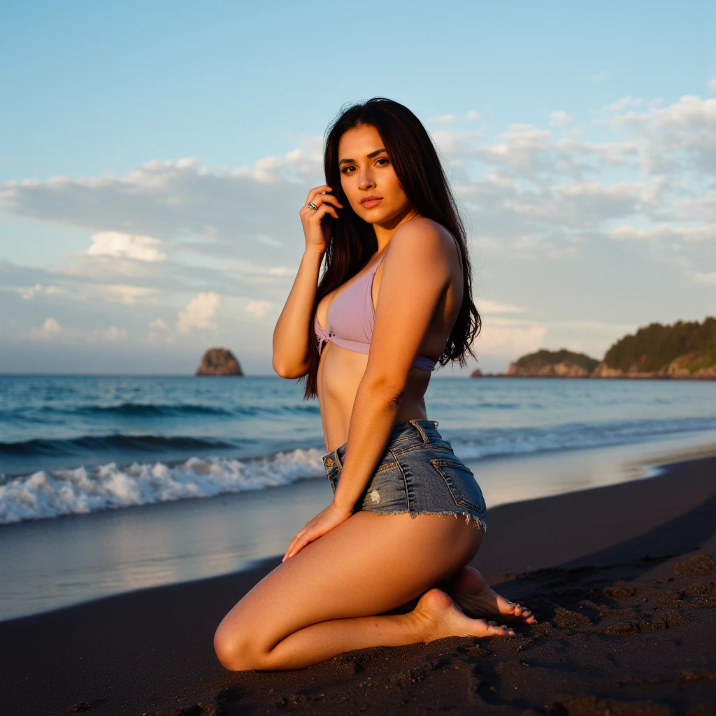 (8k, RAW photo, best quality, masterpiece: 1.2, realistic, photorealistic: 1.37, professional lighting, intricate details, high quality), age 23 years old, perfect face, fine details, ((long straight black hair)), perfect mouth, perfect and shiny eyes, thin eyelashes, green eyes, perfect hand, perfect fingers, perfect nails, professional makeup, earrings, lipstick, beautiful detailed illuminated face, ((height 1.60 cm, weight 60 kg, bust 62 cm , waist 63 cm, hips 86 cm)), smiling, with her back in a white thong bikini on the sand dunes