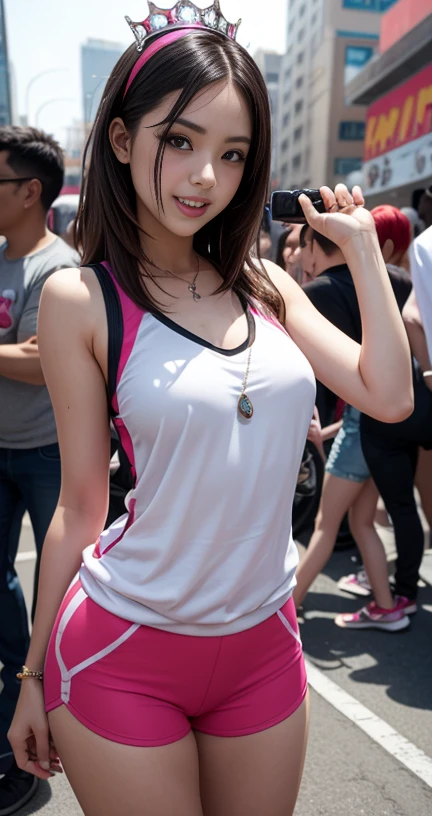 Cute Teen Idol Girl、whole body、Good style、、、、、、、、、、Sun-tanned thick legs、White and fluorescent pink punk costume、Cool girl face、cap、Black Hair