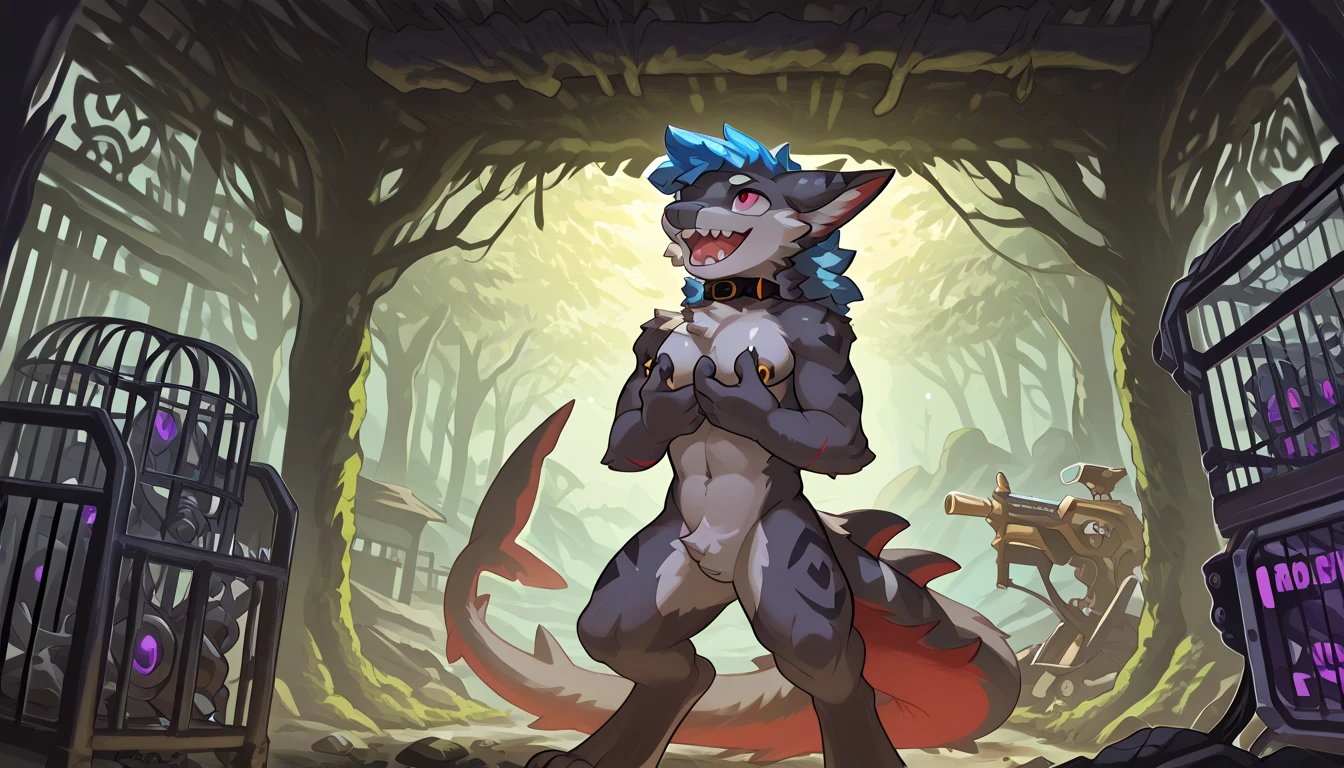 (((by fluff-kevlar, by Zackary911, by Kenket, by Kilinah))), a running ((Kobold)), (detailed Kobold)) wearing a long cloak, muscular abs, Kobold black horns, Kobold tail, messy white hair, (orange thigh highs), ((black micro-thong:fire pattern design on thong)), shirtless, front view, looking at the observer with an embarrassed smile, blush, perspective, finely detailed paws, punk style, adventure backpack,