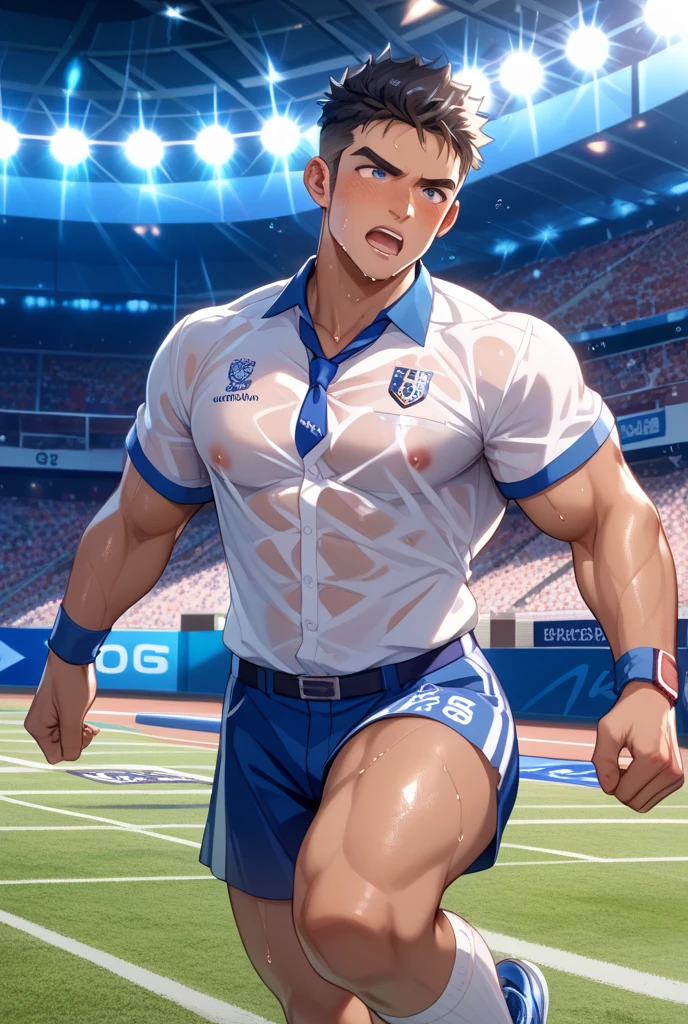 best quality, masterpiece, extremely detailed, close up of muscular bodybuilder man, soft medium length messy curtain bangs, sweating, dripping sweat, wearing a silver chain necklace, panting breathing, opened off-shoulder tracksuit jacket, exposed torso, tracksuit pants, pulls down waistband, exposed hips, outdoor track and field, at night, very seductive expression, ambient lighting, extremely dramatic shadows, perfection, no watermark, no logo, no signature