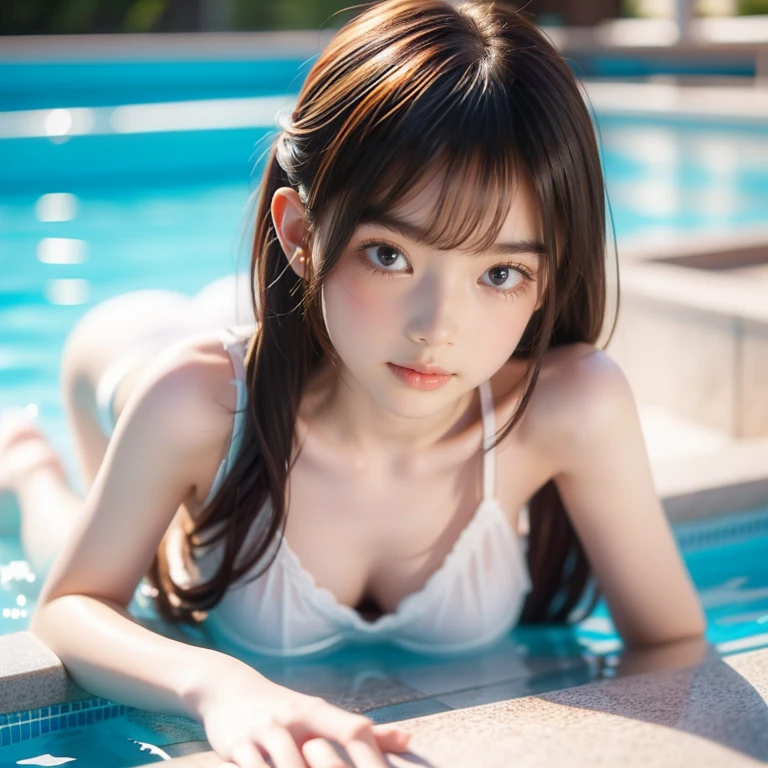 (in 8K、Raw photography、top-quality、masterpiece)、(realisitic、Photorealsitic)、1girl in、A Japanese Lady、18year old、((swim wears))、(Highly detailed facial and skin texture:1.3)、Detailed lips、(skinny body:1.3)、(thin arm:1.3)、(A detailed eye、Sareme)、(shinny skin)、((light brown hair))、(natural soft light:1.3)、((the morning sun))、(poneyTail、Long bangs)、(Classroom)、(strong breeze:1.3)、((Viewpoint from above))、((Smaller chest))、