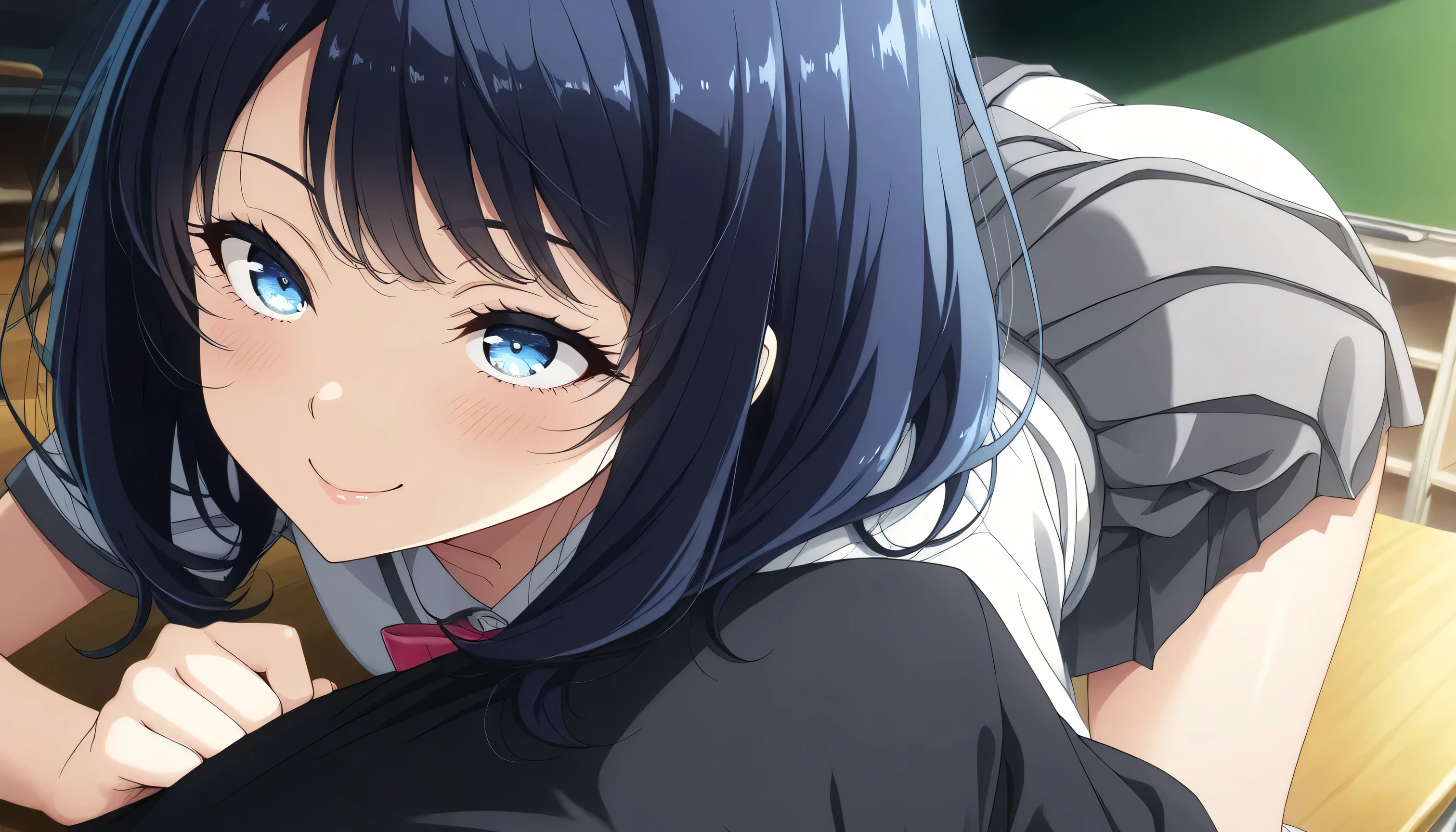 ( yanamianna), 1 female, ( beautiful high school girl , beautiful skin, smile, blush), medium hair, ahoge, blue hair, blue eyes, Beautiful and shining eyes, glossy lips , very detailed目と顔, long eyelashes, ( shirt :1.6, pleated skirt, Crouch, Butt Oriented ), butt close-up, Crouch, classroom, Dark and Glamorous Light, Quiet, obscene, obscene, light shining in ,( top quality:1.2, very detailed, high detailed CG illustration , soft focus, Masterpiece:1.2, Best Aesthetics ),