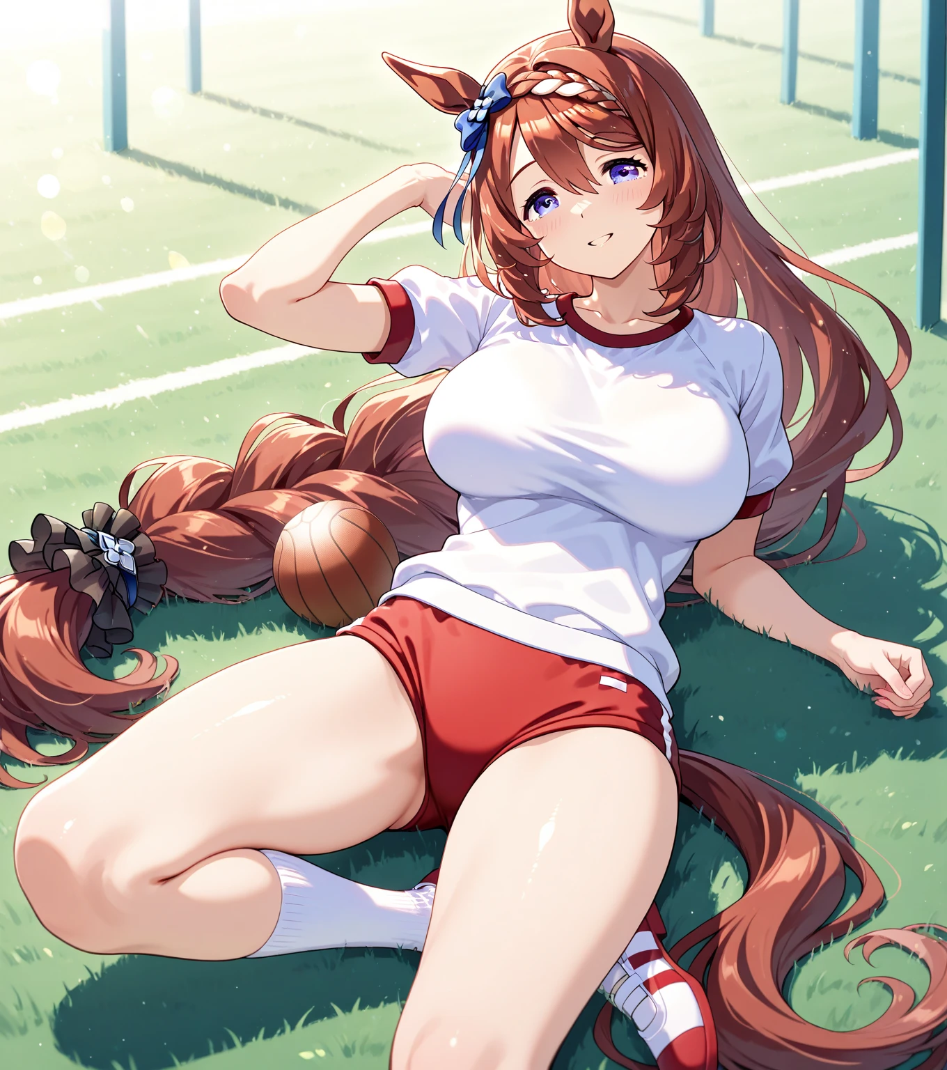 NSFW,red hair,twin tails,very big breasts,tiara,red and black track uniform,Jewelry Earrings,horse ears,horse tail,Uma Musume,blush,corruption,empty eyes,half closed eyes,evil smile,Navel exposed,tattoo,legs open,Keeping your hands on the ground,sticking out her pussy,(Sweat:1.5),Show whole body,background:athletics stadium