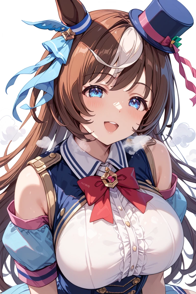 1girl, solo, long_hair, animal_ears, daiwa_scarlet_\(umamusume\), twintails, brown_hair, horse_ears, hair_intakes, tiara, smile, breasts, arm_up, very_long_hair, fang, epaulettes, open_mouth, red_eyes, bow, looking_at_viewer, underbust, large_breasts, horse_girl, :d, long_sleeves, skin_fang, puffy_sleeves, juliet_sleeves, bangs, jacket, skirt, bowtie, red_bow, upper_body, framed_breasts, white_shirt, blush, center_frills, blue_jacket, shirt, hair_bow, blue_skirt