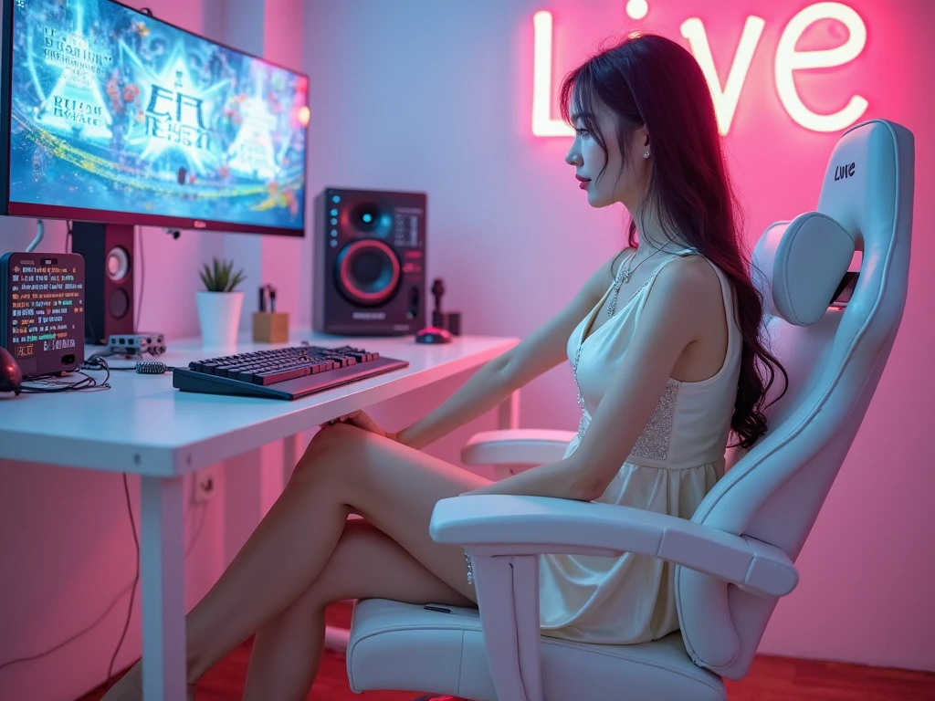 2 Ecuadorian woman, straight black hair, super white skin, color green color, good body, huge tits, rounded tits, delgada con good body, good hips, wasp waist, good ass, big ass, rounded ass, She is sitting in a gaming chair streaming on her pink gaming setup with fluorescent light blue lighting, full body photo zoomed out