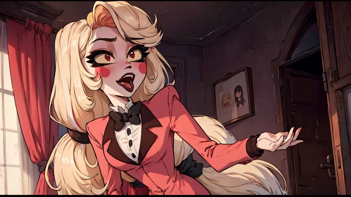 Charlie, pretty girl, cute face, sparkling eyes, sweet expression, soft smile, looking at viewer, lovely,kawaii background, redSuit, White skin, rosy cheek, blonde ankle-length hair, twice-banded ponytail with two black hair ties,eyes with light yellow sclera, red pupils, s red tuxedo-jacket with darker-colored lapels, high-collared white untucked dress-shirt with small black buttons on the upper-front, small black bowtie and black suspenders over her shoulders, dark red dress pants, medium-heeled white saddle shoes, (masterpiece:1.2), (cowboy-shot:1.2), dark romantic lighting, (highly detailed:1.2), (detailed face:1.2), (full-body shot:1.2), (gradients), colorful, detailed eyes, (natural lighting:1.2), (solo:1.2),