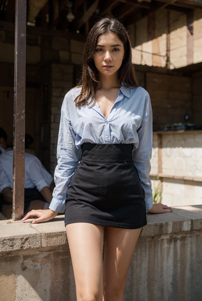 top-quality, masterpiece, hight resolution, 1womanl, 50 years old、A MILF、(Wrinkled:1.5)、beautiful and flawless face, Bob Layer Cut, Fashionable, skirt by the、intricate-detail, Cinematic feel, 8K、 ighly detailed、Stand on top of a building's fire escape、Angle from the bottom of the stairs、(Flip the skirt:1.6)、Beautiful expression、Full body shot、Panchira、Elegant face、(Small breasts:1.6)、