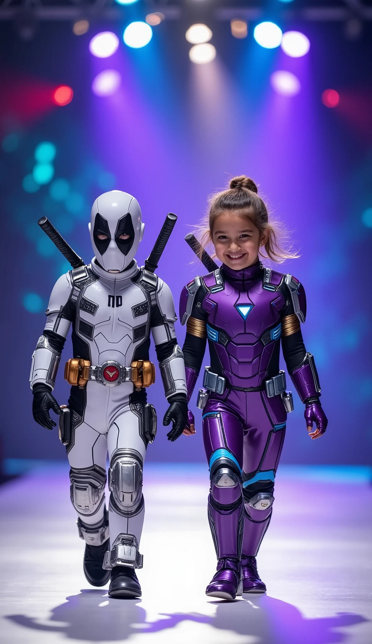 character: 1 toddler boy with mask full head wearing white Deadpool body suit with silver armor futuristic blue accents with Two swords on the back, and 1 Toddler girl Wearing futuristic purple Ironman body suit with silver armor futuristic blue accents, white skin pale.
action: Walk straigh. They look at the camera.
Expression : smiling.
Background : On the runway stage with dynamic lighting from all sides. They radiate happiness as they walk confidently in their costumes. full body view.