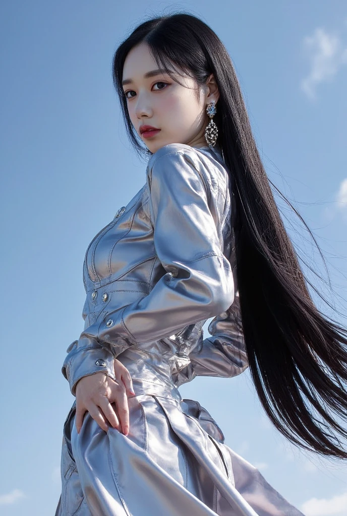 nikon RAW photo,8 k,Fujifilm XT3,close up photo, masterpiece, best quality, 1girl,solo,realistic, photorealistic, (extremely detailed face), ultra-detailed eyes and pupils, ultra detailed, serious expression, slender figure, standing against a city skyline at night, (tight dress), sleeveless, tiny waist, big hip, smile, (arms behind back), <lora:yoonlorashy:1>