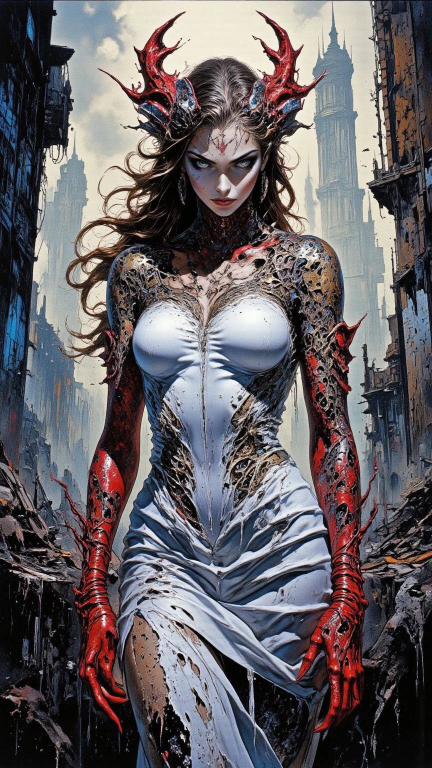 (((beautiful girl face))), (((megan fox as a beautiful vampiric girl with a muscular red carnage body))), (((red carnage anatomic cybernetic muscle suit))), (((body totally covered in muscles, veins, tendons))), (((perfect muscular anatomy))), (((wide shoulders and upper body))), (((slim waist))), (((long hair))), (((perfect hands:))),