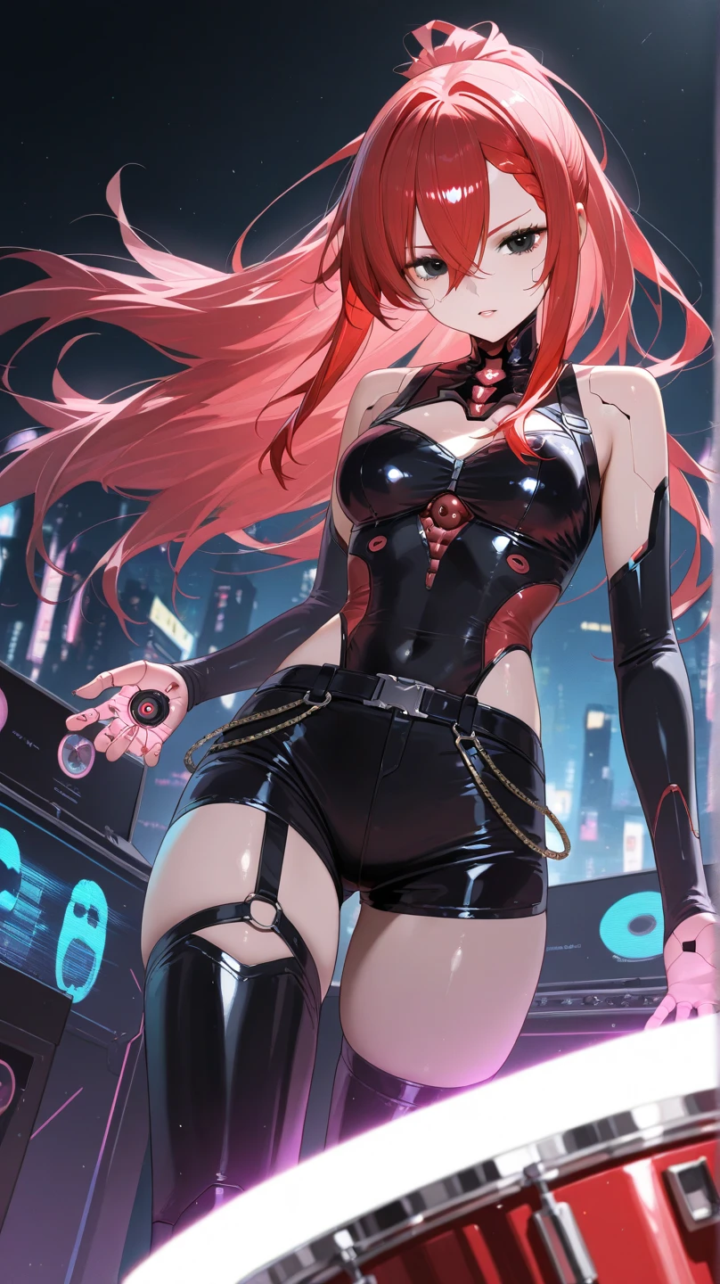 best quality,beautiful,gorgeous , highly detailed , unreal engine , octane render,slim and lean  ,detailed face,,seductive smile,heavy blush, mature  , solo,<lora:genshin ai1:1.0>,hutaodef,cyberpunk city background ,(neon lights:1.5),cowboy shot,nighttime ,<lora:detailmaker:1.3><lora:add_detail:0.7>,hypercars in background,<lora:CrossLaced:1.0>,(cross-laced clothes:1.1),bikesuit,