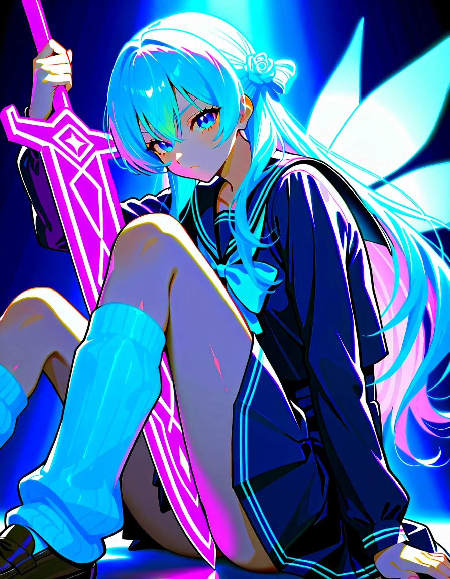 in style of Light tracing ,Hatsune Miku back,With wings,Ethereal Holographic Center, neon wings, Founding Angel, Transparent holographic existence, projection mapping,black background
