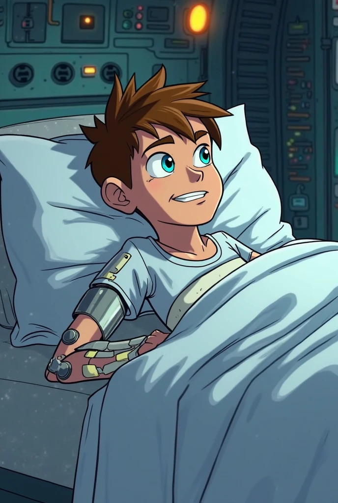 Rich blonde boy with two long and thick casts, blue fiberglass on legs, nurse caring, lying in bed,