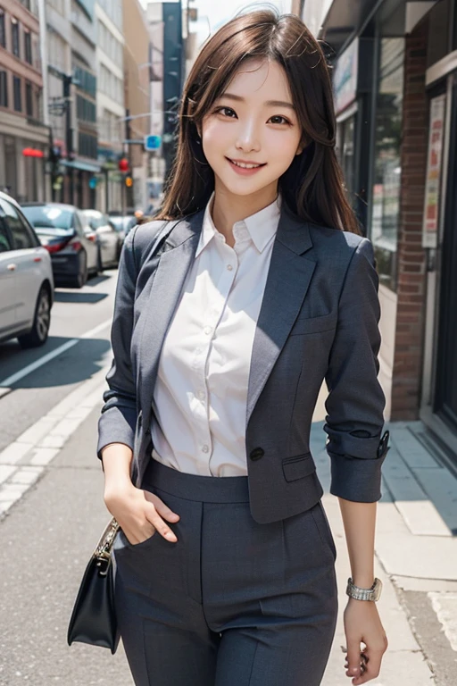 Woman in a suit standing on the sidewalk,((20-year-old woman))、small Breasts、Dark brown hair color、Hairstyle with bangs、Various hairstyles、Hairstyles of different lengths、(8k, RAW Photos, highest quality, Tabletop: 1.2),、(Realistic, Realistic: 1.3), Cityscape, Day, Sunny Morning, Professional Lighting, Photon Mapping, shirt, (Woman in a suit,) Silk Suit、Pencil Skirt、Tight Skirt、((Delicate photo)),(Detailed RAW Photos of Girls), (Tabletop:1.25), (highest quality:1.6), (超A high resolution:1.5), (Realistic:1.75), 8k resolution, Canon EOS R5, 50mm, absurdes, Ultra-detailed,Cinema Lighting, (Skirt Lift:1.5)、nsfw、the wind is strong、smile、Skirt flipped up, ((panties)), beautiful pussy, nsfw,