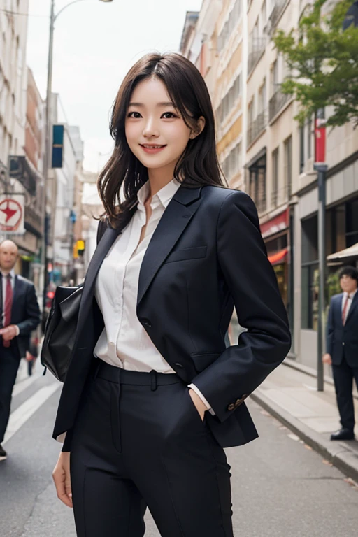Woman in a suit standing on the sidewalk,((23-year-old woman))、small Breasts、Dark brown hair color、Hairstyle with bangs、Various hairstyles、Hairstyles of different lengths、(8k, RAW Photos, highest quality, Tabletop: 1.2),、(Realistic, Realistic: 1.3), Cityscape, Day, Sunny Morning, Professional Lighting, Photon Mapping, shirt, (Woman in a suit,) Silk Suit、Pencil Skirt、Tight Skirt、((Delicate photo)),(Detailed RAW Photos of Girls), (Tabletop:1.25), (highest quality:1.6), (超A high resolution:1.5), (Realistic:1.75), 8k resolution, Caphin EOS R5, 50mm, absurdes, Ultra-detailed,Cinema Lighting, (Skirt Lift:1.5)、nsfw、the wind is strong、smile、Skirt flipped up, ((phi_panties)), beautiful pussy, nsfw,