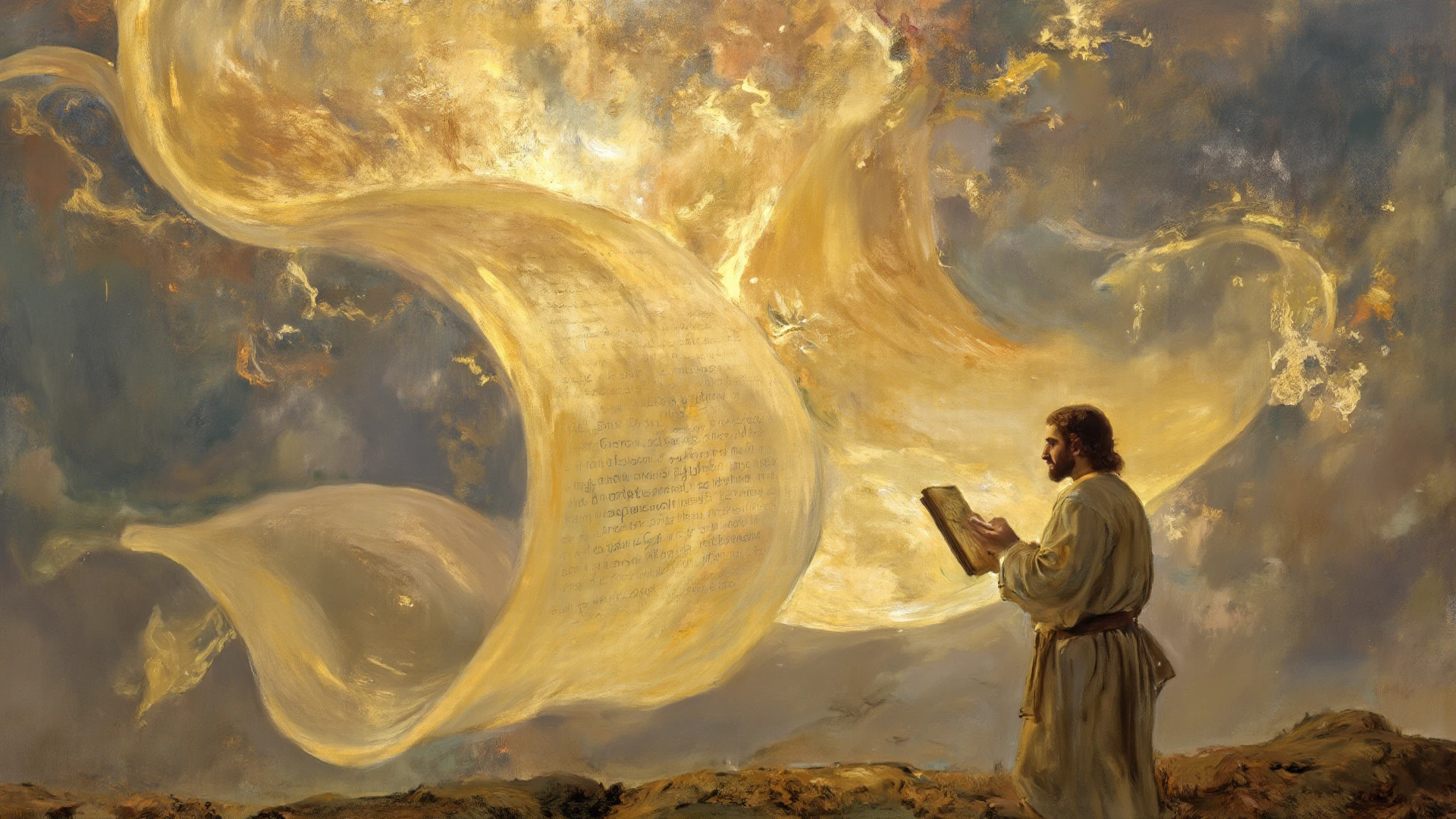 God's vision in the book of Ezekiel in the Bible, The image of God in heaven,Old gowns,,History reference,High-quality artwork and details,Realistic portrait style,Subtle color palette,vibrant background,natural textures,Deep Shadows,Subtle highlights,Historical accuracy,meticulous attention to detail,Emotional depth and intensity,Authentic Representation,Thought-provoking,Spiritual atmosphere,A Sense of Ancient Wisdom,Profound impact