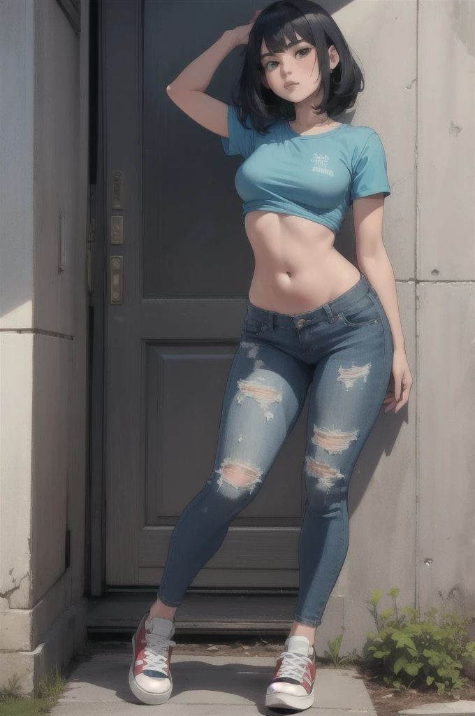 big smile, smile, denim pants, damaged jeans,raw photo, one girl, canadian beauty, erotic body, exquisite face, brown-haired ponytail, beautiful woman, 22 years old, attractive female body, light muscles, dynamism, lower breast, constricted waist, 4k, hdr, realistic photography, realistic texture, toned skin, (realistic, photorealistic: 1.4), Mekoji, Photography, Raw Photography, Masterpiece, High Definition Photography, Quality Like Taken with a DSLR Camera, High Quality, Bed, Dynamism, Lying Down, Bewitching Pose, Protruding Ass With Back Turned