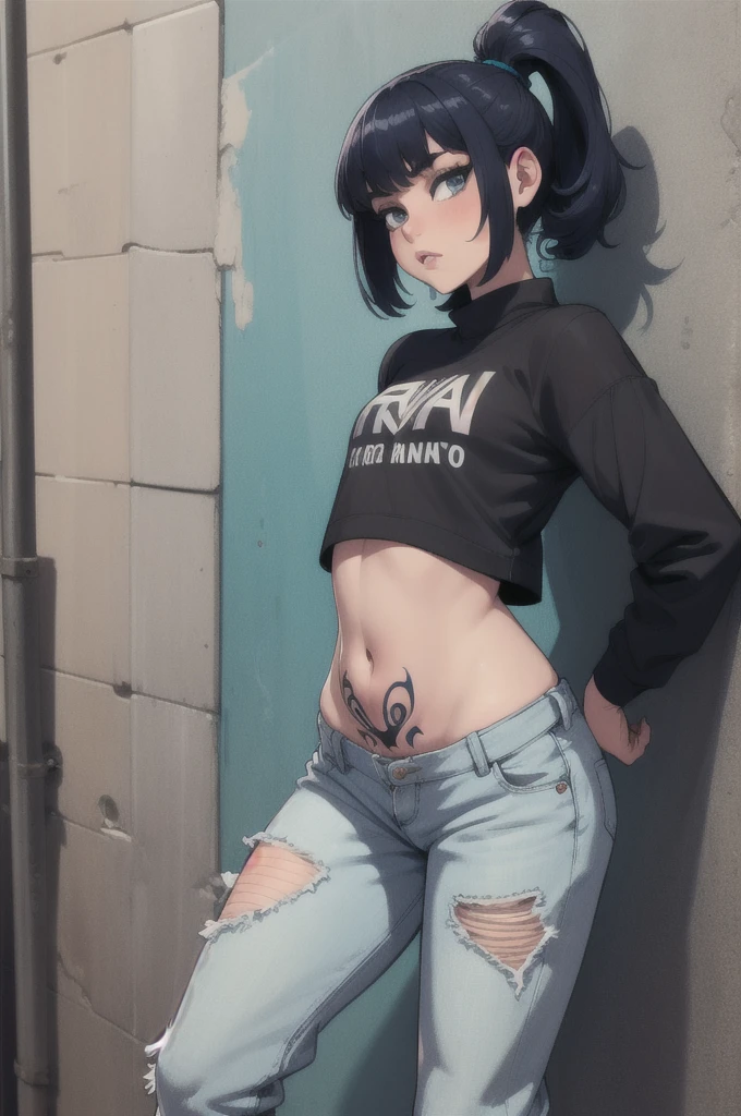 Kujou Sara Genshin Effect, masterpiece, bestquality, 1girls, oversized breasts, bara, dress shirt, Long Jeans, choker, (Graffiti:1.5), Splash with purple lightning pattern., arm behind back, against wall, View viewers from the front., Thigh strap, Head tilt, bored, water eyes,