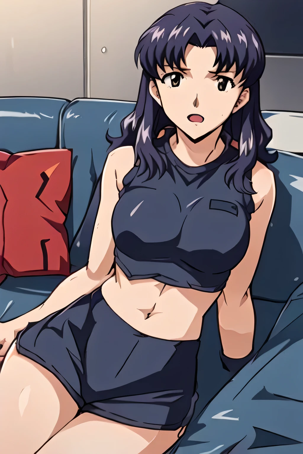 This work is 、This alone surprised me,don't prepare her face for work,yellow shirt,wearing a dark blue miniskirt and G-pants, lying on the sofa , Big black wavy hair, , , Delicate Face, , gym clothes wearing an old fashioned bloomer , A woman with adult appeal around 0,