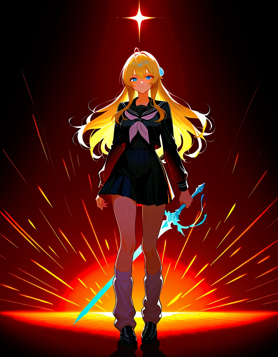 1 girl, ultra long hair, ultra detailed face, glowing lips, glowing blue eyes, very long ponytail, elegant walk, catwalk, holding down a  giant katana, blonde, long eyelashes, long boots , looking to the sky, starry sky, a ultra giant katana 