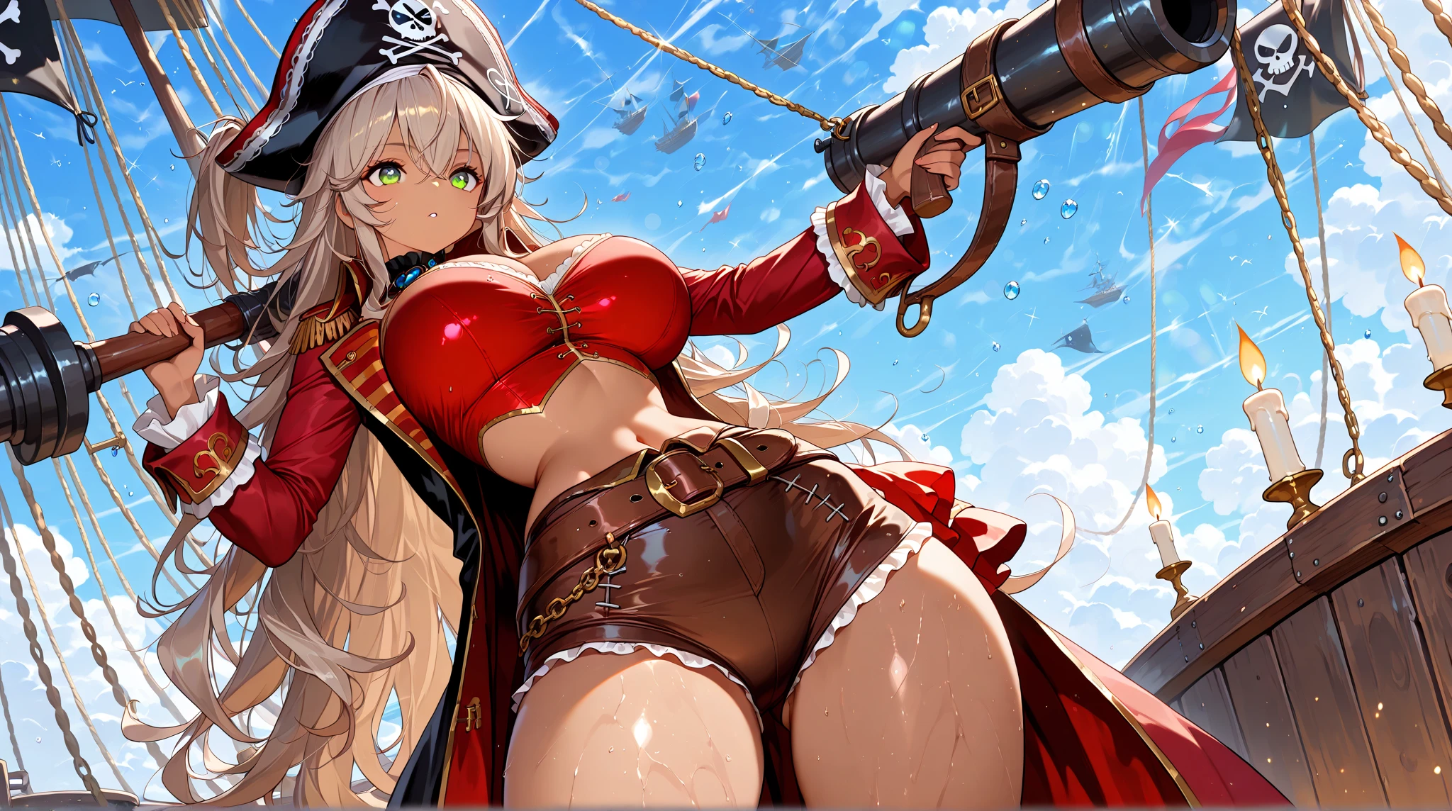 1girl, 独奏, zeta (granblue fantasy), blonde hair, twintails, Blue eyes, black hairband, empty eyes, large breasts, nipple, Walking, Airship, frozen, Wet, crying, Naked, (1girl) Blank look, Peeing, lactation, projectile lactation