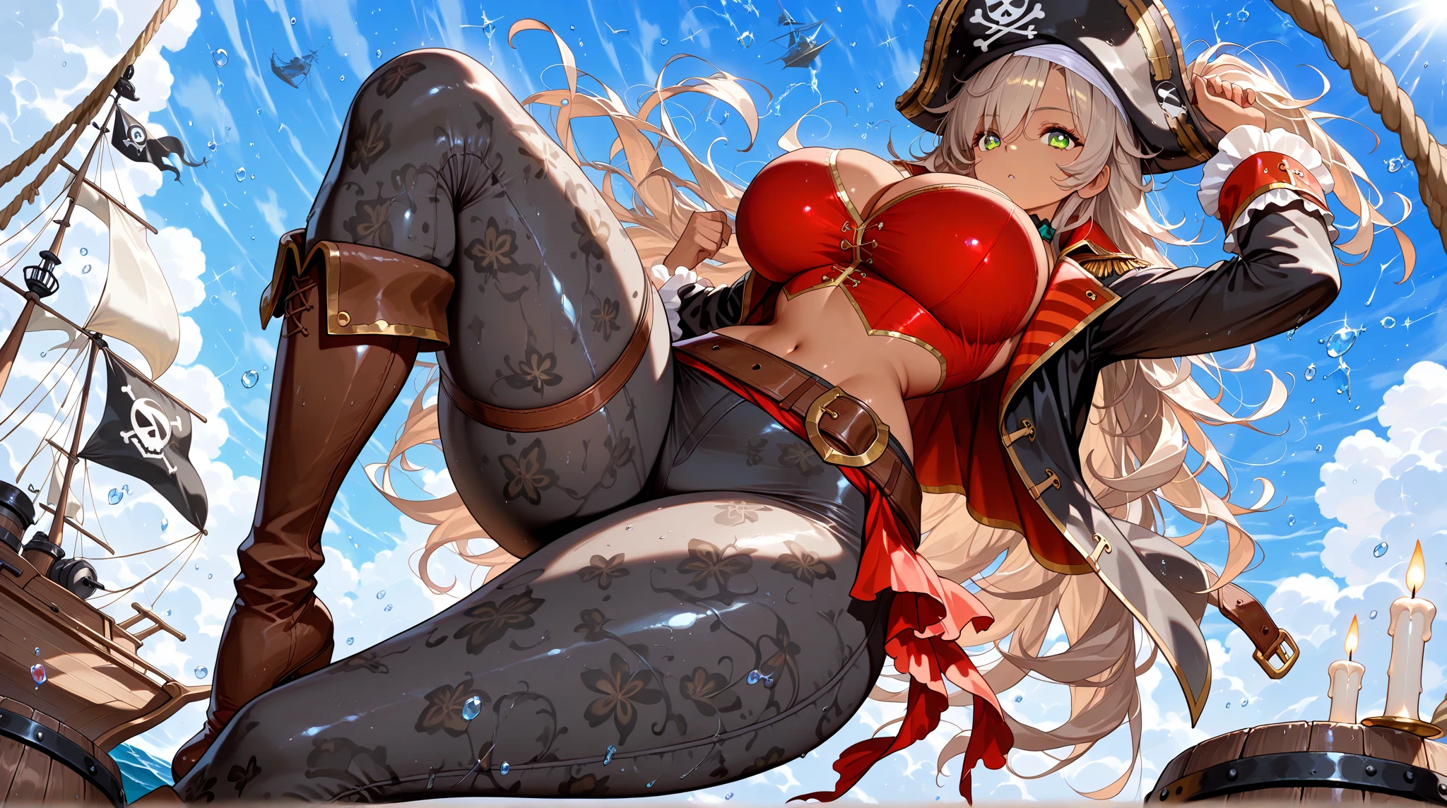 A pretty pirate woman on her pirate ship, wearing skimpy pirate clothes, cleavage, detailed eyes, style urushisato, detailed background, bmbplora, babe, semi realistic