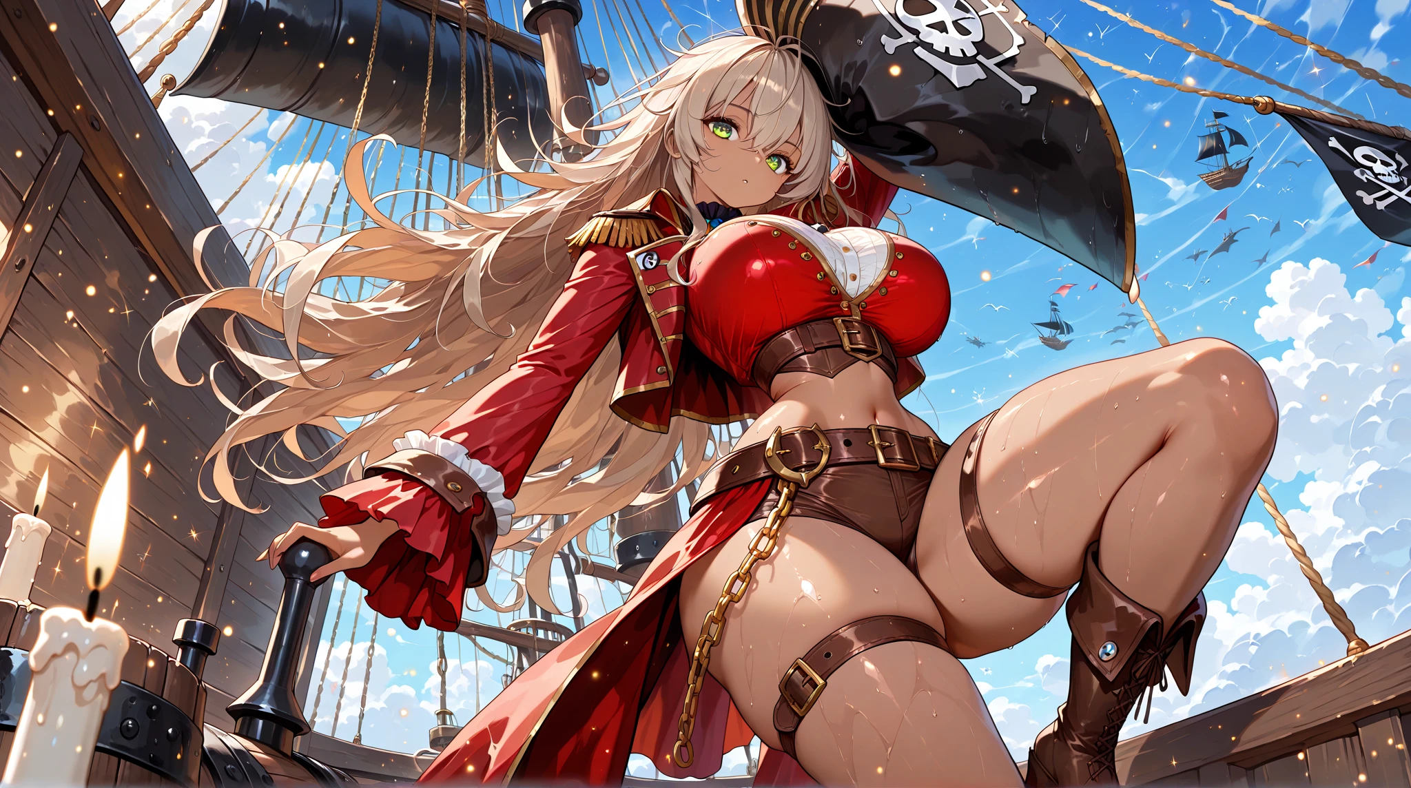 Anime image of a sexy girl dressed in a pirate outfit standing on the bow of a huge pirate ship