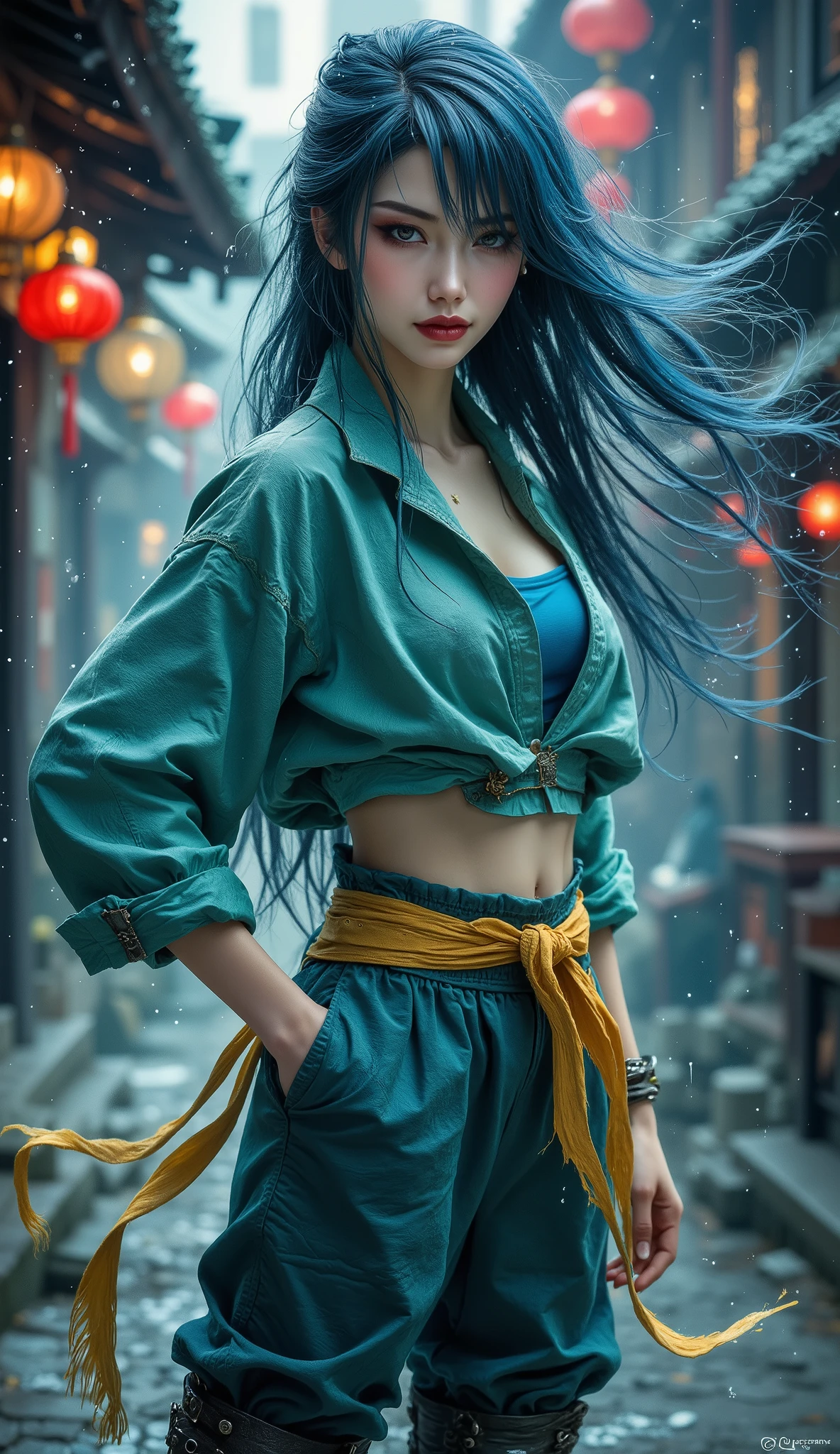 (masterpiece, best quality, highres, intricate details), 1girl, solo, a tall young woman, wuxia e, proud and wild personality, standing, hand on hip pose.
Flowing long dark blue hair, long side-swept bangs covering her right face.
Thick upturned eyebrows, piercing and spirited eyes, contemptuous smile, sensual full lips, delicate oval face, fair skin.
Wearing a fantasy wuxia style emerald green high-collar short jacket with rolled-up sleeves, blue undershirt, matching fabric trousers, yellow cloth belt, leather combat boots.
Surrounded by flowing, water-like energy with a cyan glow.
In the background, a fantasy style Chinese tavern.
Exquisite and character illustration art style, perfect anatomy, five fingers, dynamic lighting, cinematic.