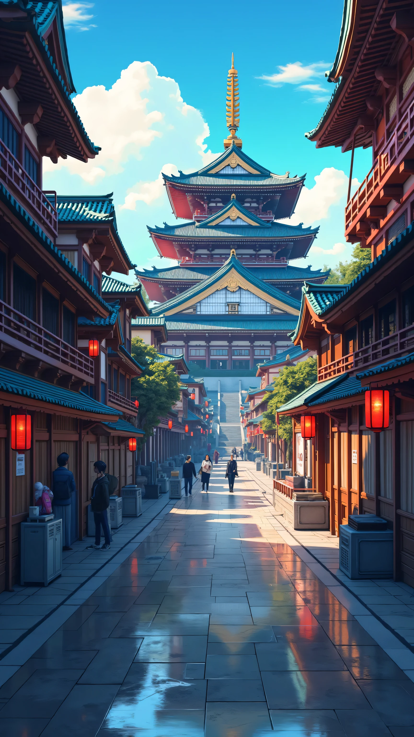 highdefinition images,(Japanese temples)architecture、Osaka Honganji Ukiyo-e、Picturesque Backgrounds、Digital Images、Shining against a high-resolution background、A temple older than an ancient castle、非常に詳細なDigital Images、High Resolution Digital Paint、Downtown with a temple。