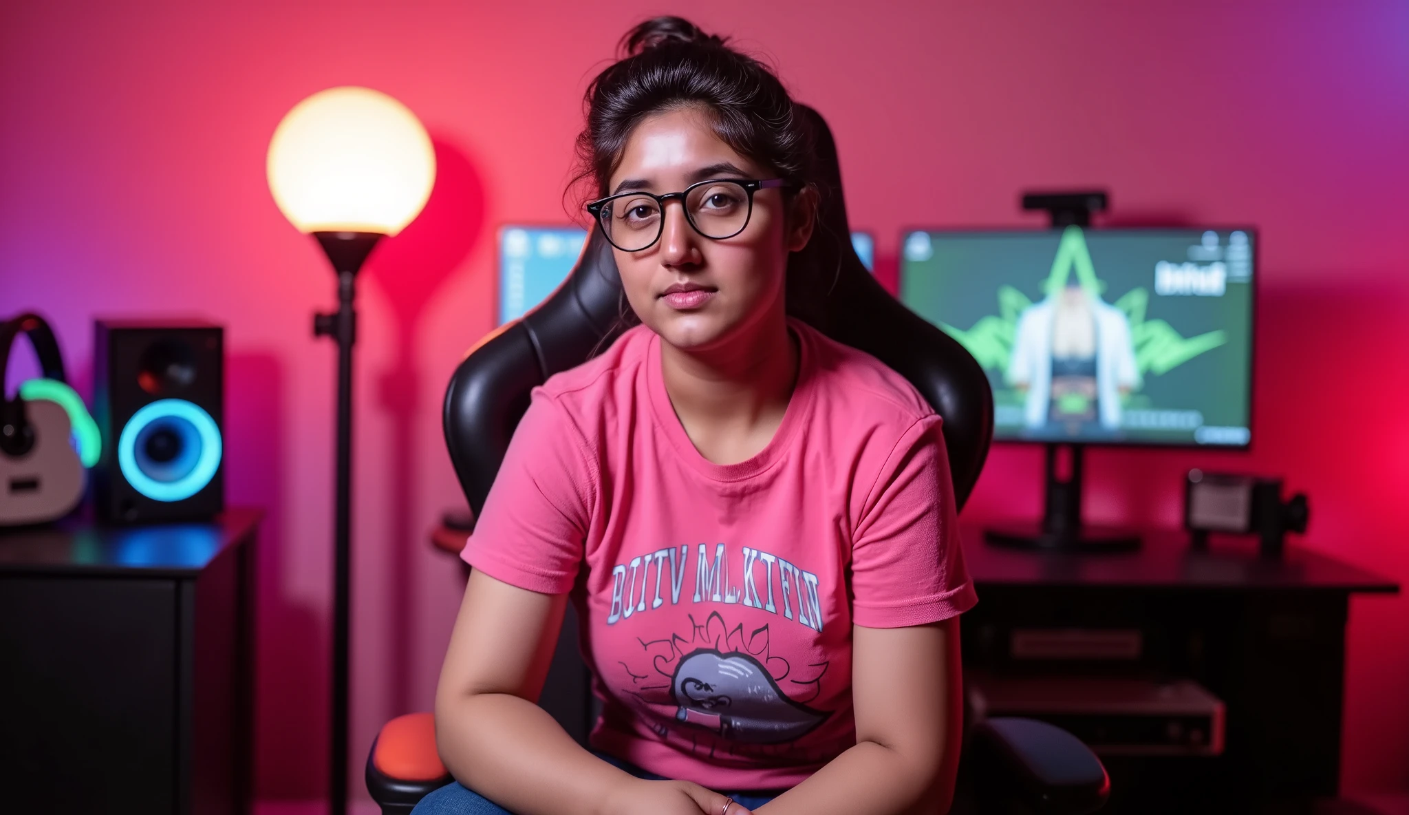 An Indian fair colour beautiful girl sitting straight confidently on a modern gaming chair in his YouTube studio. She is wearing a fancy pink printed t shirt, glasses. His face is clearly visible and expressive. The woman is while looking directly at the camera. The studio blurred background is illuminated with vibrant neon lights. high contrast, realistic, natural light, highly detailed.
