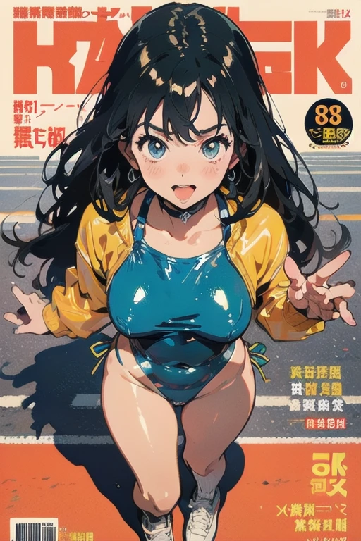 beautiful anime-style girl, ,clean small surfaces, cyberpunk, bikini-armor、 (magazine cover:1.8)、((From above:1.2))、(bounce)、(dynamic pose:1.1), Cute 1 girl, highest quality、ウルトラ - High resolution、High resolution、Highly detailed CG、8k unit wallpaper、、detailed and beautiful eyes, pigtails、(((colorful super shiny latex bikini)))、((( black skin, Jersey, track and field athletes' clothing, tech sneakers, cleavage ,)))、(shiny body,:1.5)、blush, Sweat,please be shy、(Ahegao:1.5)、(stick out your tongue)、red blush、please be shy、(Ahegao:1.5)、full of embarrassment、turned up skirt