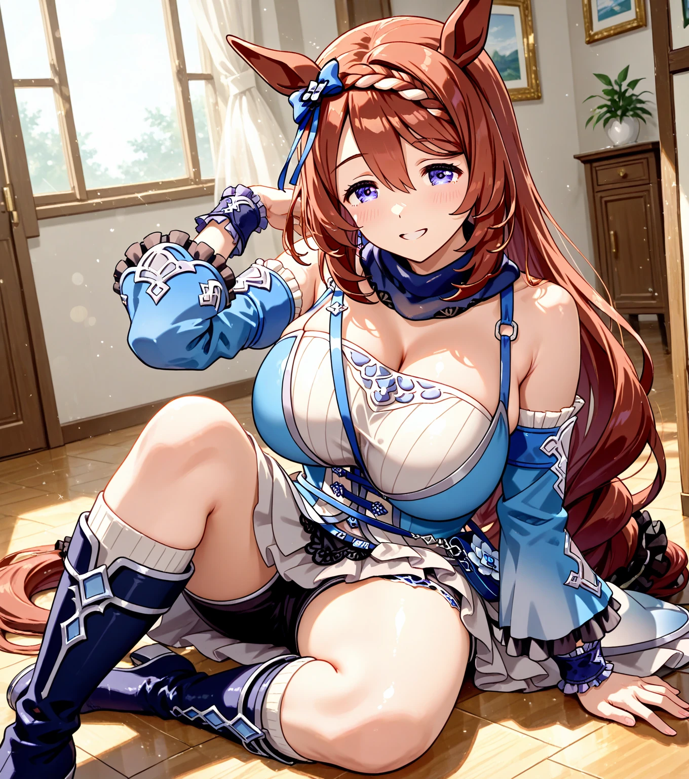 masterpiece, highest quality, 1 girl, Meishodotou, blue skirt, shirt, horse tail, blue clothes, blue ear ribbon, ribbon, white legwear, frilled shirt collar, white gloves, pink hair band, Shoulder bag,smile,blush,squat with legs apart,lace panties,(huge breasts:1.8),show crotch,Panties are transparent、My clothes are transparent、nipple