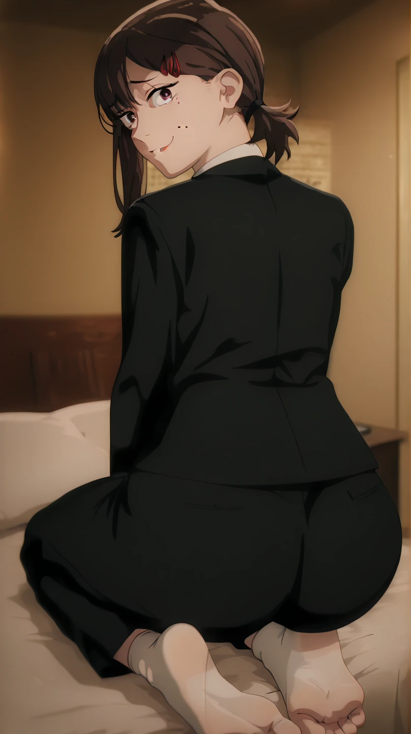 Kei Kishimoto full body sitting on a bench showing ass to me (morning daytime park background) (masterpiece, best quality, ultra-detailed, best shadow)