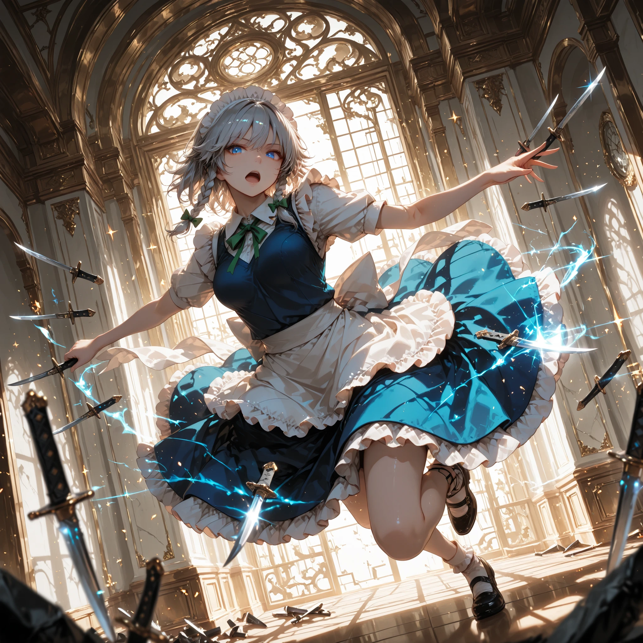 1girl\((izayoi sakuya(touhou)), open mouth, looking at viewer, medium breasts,flying, full body,flying,floating\), (multiple knives), knife throw, (flying knives), (knives in foreground:1.3), (knives in motion blur), epic, sparkle, particles , glowing,ember,depth of field,blurred foreground, dynamic angle, fast motion, perspective distortion,indoors, low angle, dynamic pose,
BREAK, soft colors composition,Light color composition,finely detail,semi realistic,stunning,clear picture,intricate details,extremely detailed CG unity 8k wallpaper,stunning,clear picture,masterpiece,best quality, highres,