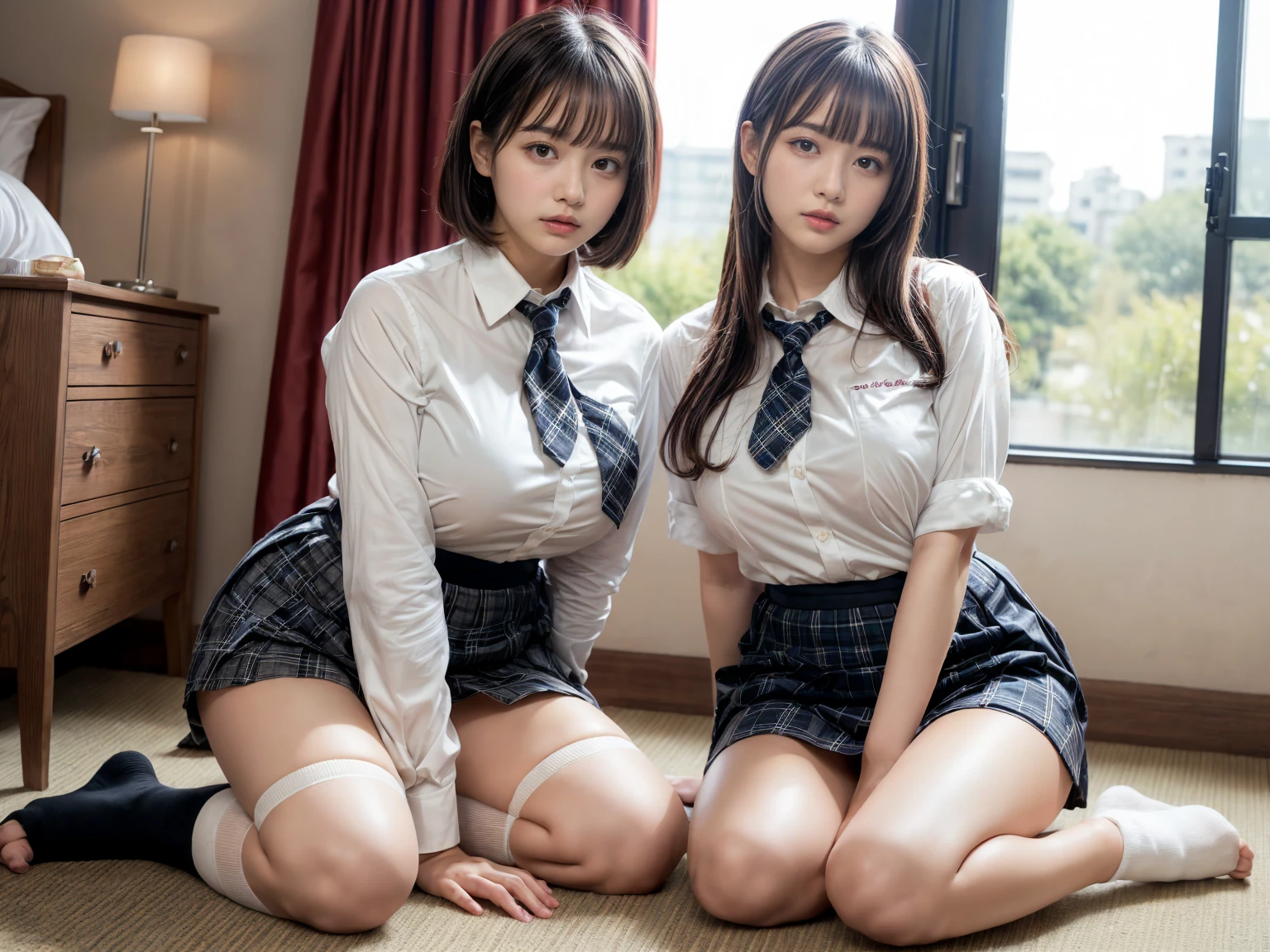 8k, RAW portrait (japanese woman),masterpiece、Photoreal:1.3、realistic, ultra high resolution, highest quality, real life photos ,( in the evening :1.1),
((((2 girls:1.5)))), (((Two girls showing off their panties in the room)))、(beautiful face:1.1)、日本の2 girls,((Two Japan schoolgirls))、((2 real high school girls))、((Japanese high school uniform:1.6))、In the classroom、 ((dark brown eyes:1.2))、(realistic skin texture:1.3)、(Immersive atmosphere:0.8、chiaroscuro:1.2) 、(look viewer:1.3)、((embarrassed look))、((blush:1.3))、((ceiling from below:1.2))、(smile:1.2)、((((wearing micro panties))))、((panty shot))、((woman rolling up her skirt))、((panties close up:1.56))、((panty shot))、((spread your legs to the side:1.4))
