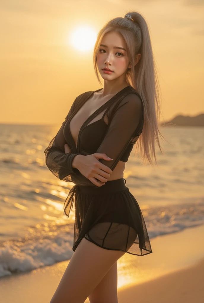 hair bobbles, wince, longeyelashes, solid circle eyes, light smile, ear blush, fang, ccurate, Surrealism, drop shadow, anaglyph, stereogram, tachi-e, pov, atmospheric perspective, 8k, super detail, best quality, award winning, super detail, anatomically correct, UHD, retina, masterpiece, textured skin, high details, best quality, highres, high quality, accurate,((masterpiece)), ((best quality)), ((high resolution)), ((Extremely detailed CG unity 8k wallpaper)), solitary, orange, Brown , Black skirt, White socks, outdoor, Face, beach, Fluff, parted hair, Silver Hair