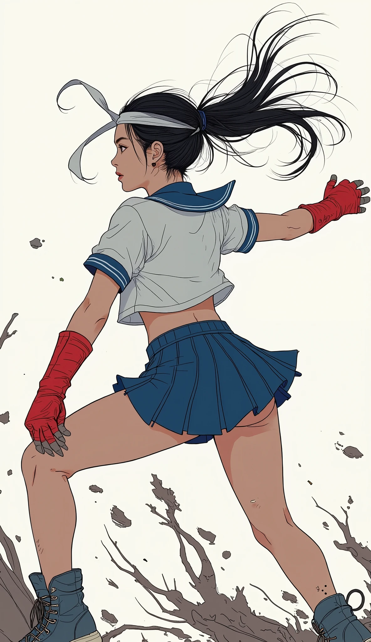 1950s promotional artwork illustration, retro poster that features a female in a short black karate gi and skirt outfit, in a fierce jumping kick pose, ponytail, bare feet