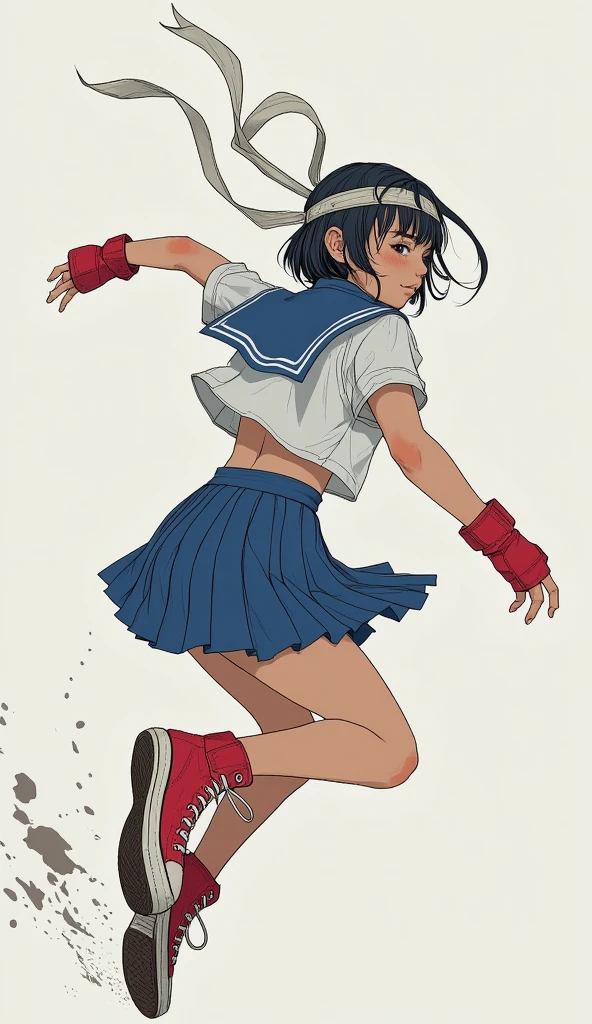 Inamic action poses, Roundhouse kick, Caught in motion, short black hair with waist、Street Fighter Muscular Fit, anime style, white cropped sailor top with blue trim, blue pleated miniskirt, red fingerless gloves, Red Converse High Top Sneakers, Dramatic Move ,  Strong Energy , Neutral background, Highlight the subject, high contrast color, Rear View, Windy look, Foot Height, Capturing movement and power