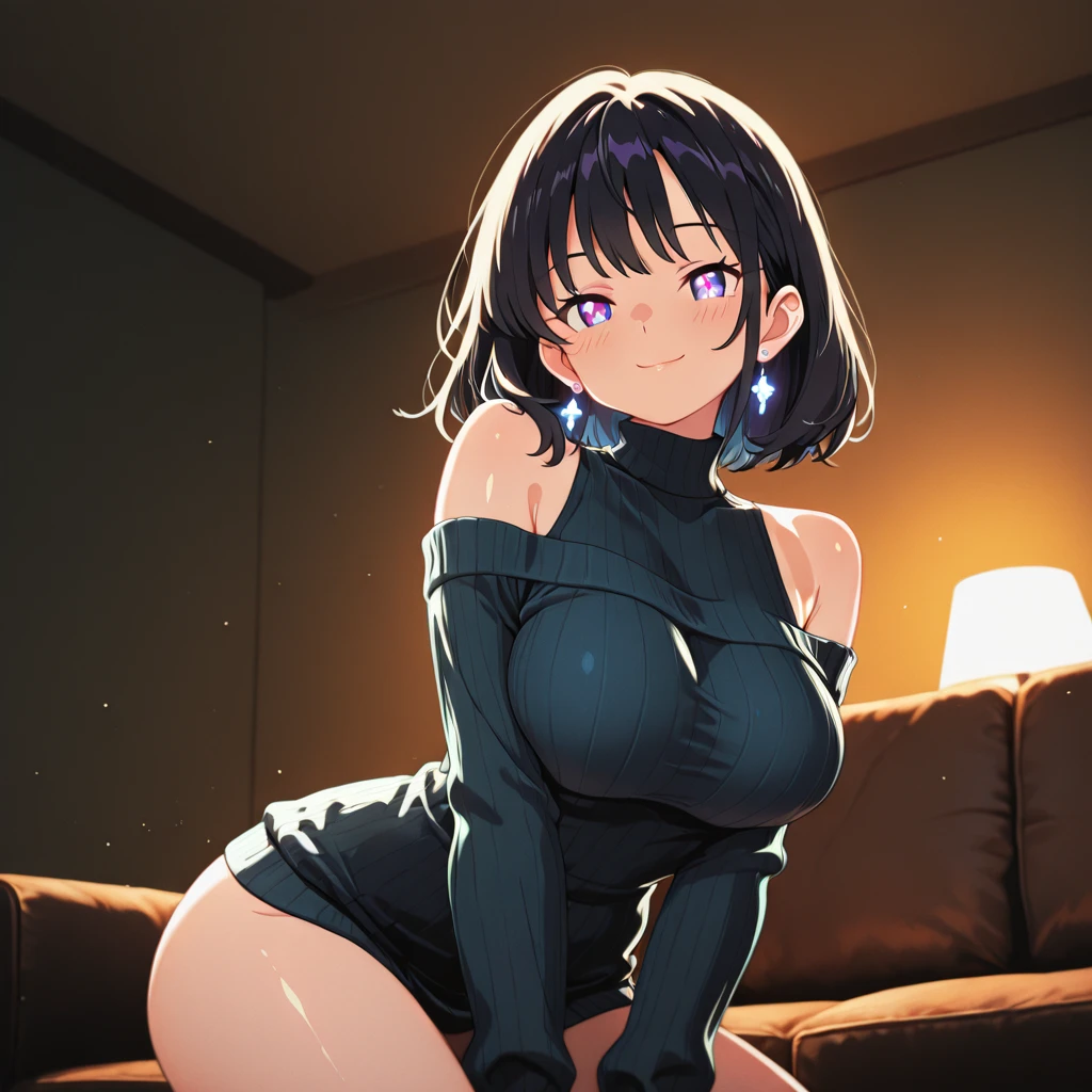 Anime illustration、highest quality、Warm log house、fireplace、Voluptuous gravure idol、Perfect proportions、No sleeve、White knitted turtleneck sweater、Overwhelmingly large breasts、Very thick legs、Beautiful, shining eyes、Blushing、smile、Cowboy Shot、Stuffy armpits