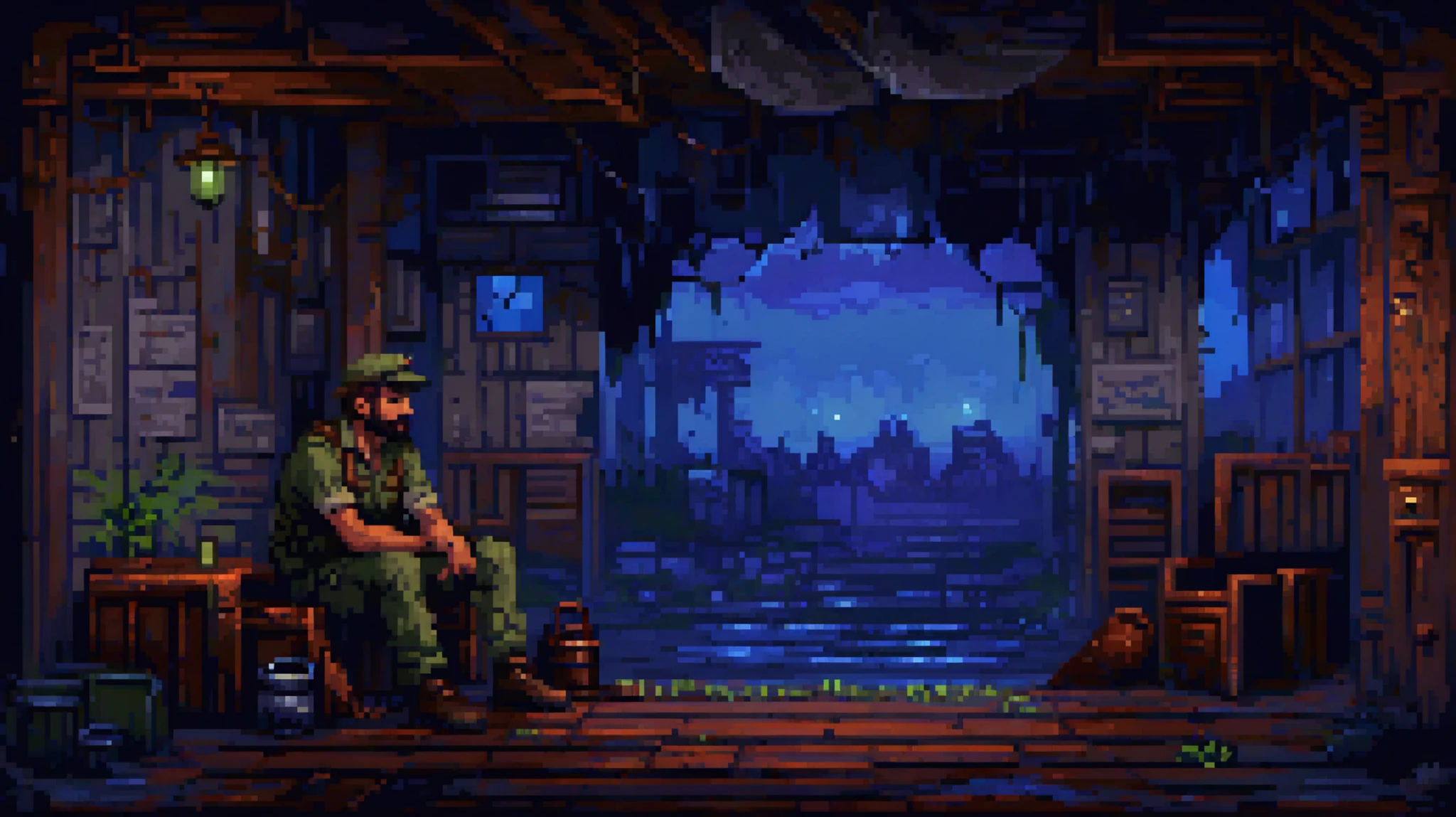 A tired male survivor with a beard and worn-out cap sits on the floor inside an abandoned house. He's wearing improvised clothes, rugged and dirty from surviving a zombie apocalypse. A travel backpack is placed beside him. A small candle burns next to him, casting a warm glow that contrasts with the cold blue tones of the scene. Through a single window, moonlight reveals rain falling gently outside. In the distant background, silhouettes of zombies wander the empty street. The atmosphere is quiet and melancholic, with a strong sense of peace and relief. Emphasis on lighting, shadows, texture, and pixel-level detail. (Dark Lofi Style) (metal slug)