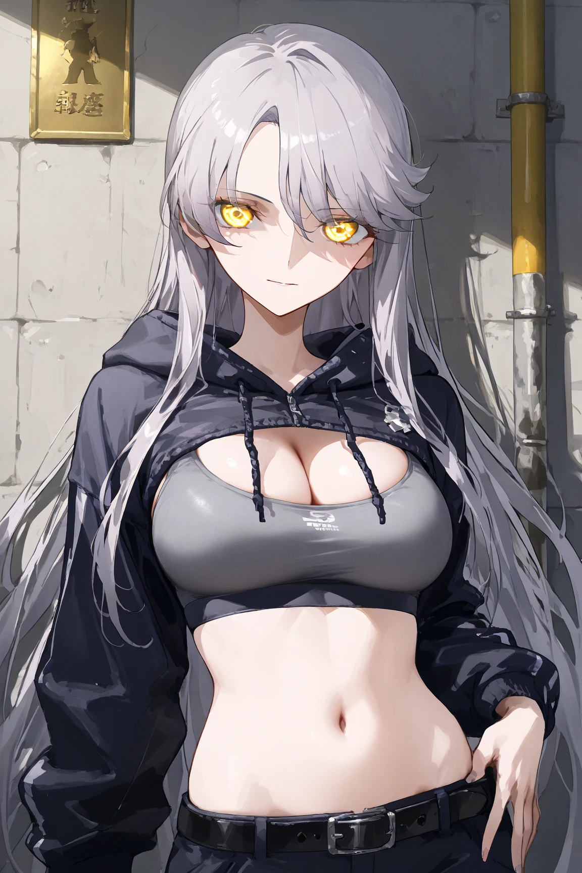 (pale skin girl) (1girl muscular grey background bodybuilder) toned body huge breasts (thin waist) black hair yellow eyes straight hair sweaty hair between eyes (black fur trim coat) frowning black suit dark atmosphere