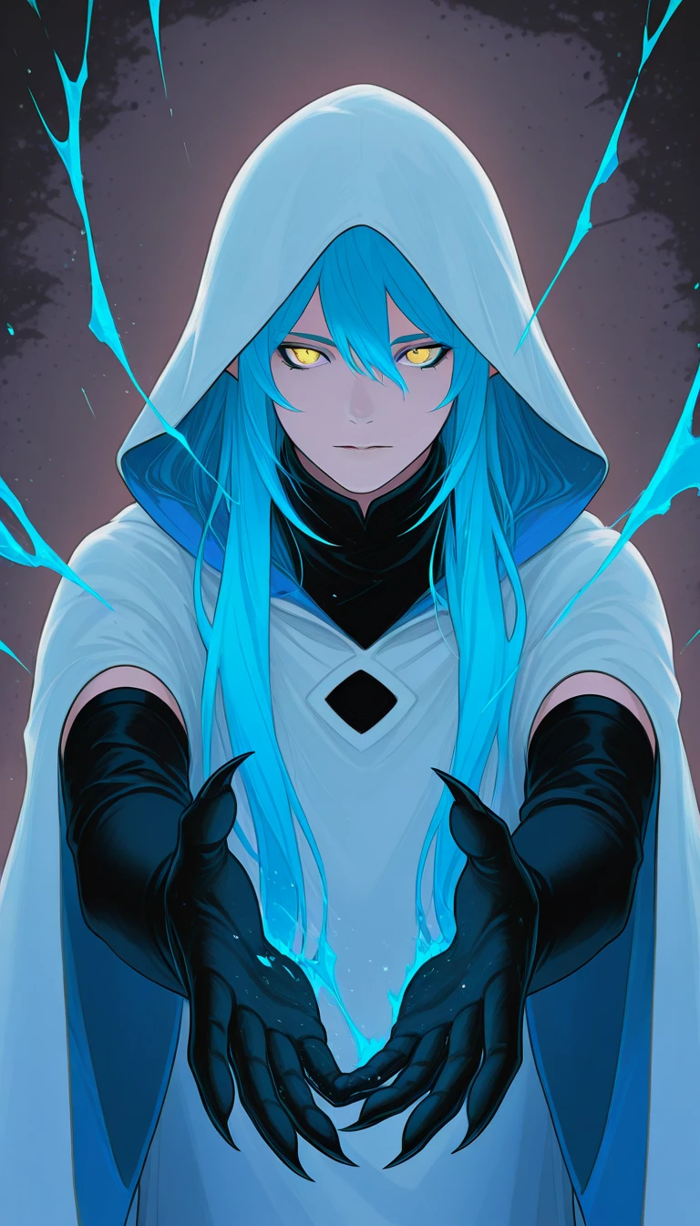score_9,score_8_up,score_7_up,source_cartoon, source_anime, source_furry, A blue skinned wraith woman, ((blue skin)):1.4, light blue sclera, white glowing irises, glowing white scars all over body and face, (glowing white scars):2, long dark blue hair, hair covering one eye, blue lips, blue lingerie, ephemeral ches clear white cloak, she is floating, floating over a spirit tidal pool, in a dark cave, upper body shot, highly detailed
